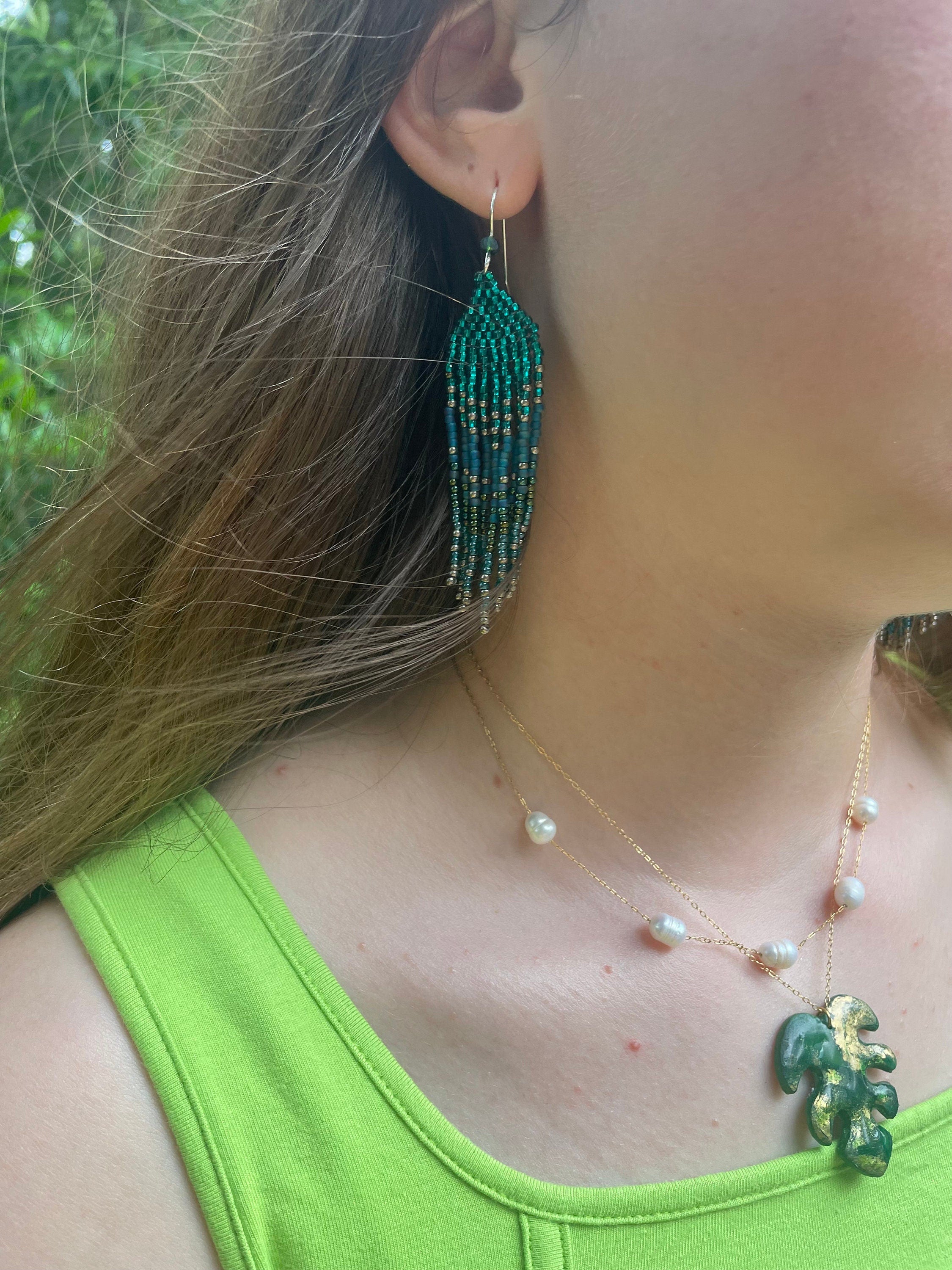 Sterling silver emerald green beaded earrings, Long earrings dangle, Fringe earrings Native American Seed bead earrings, Chandelier earrings