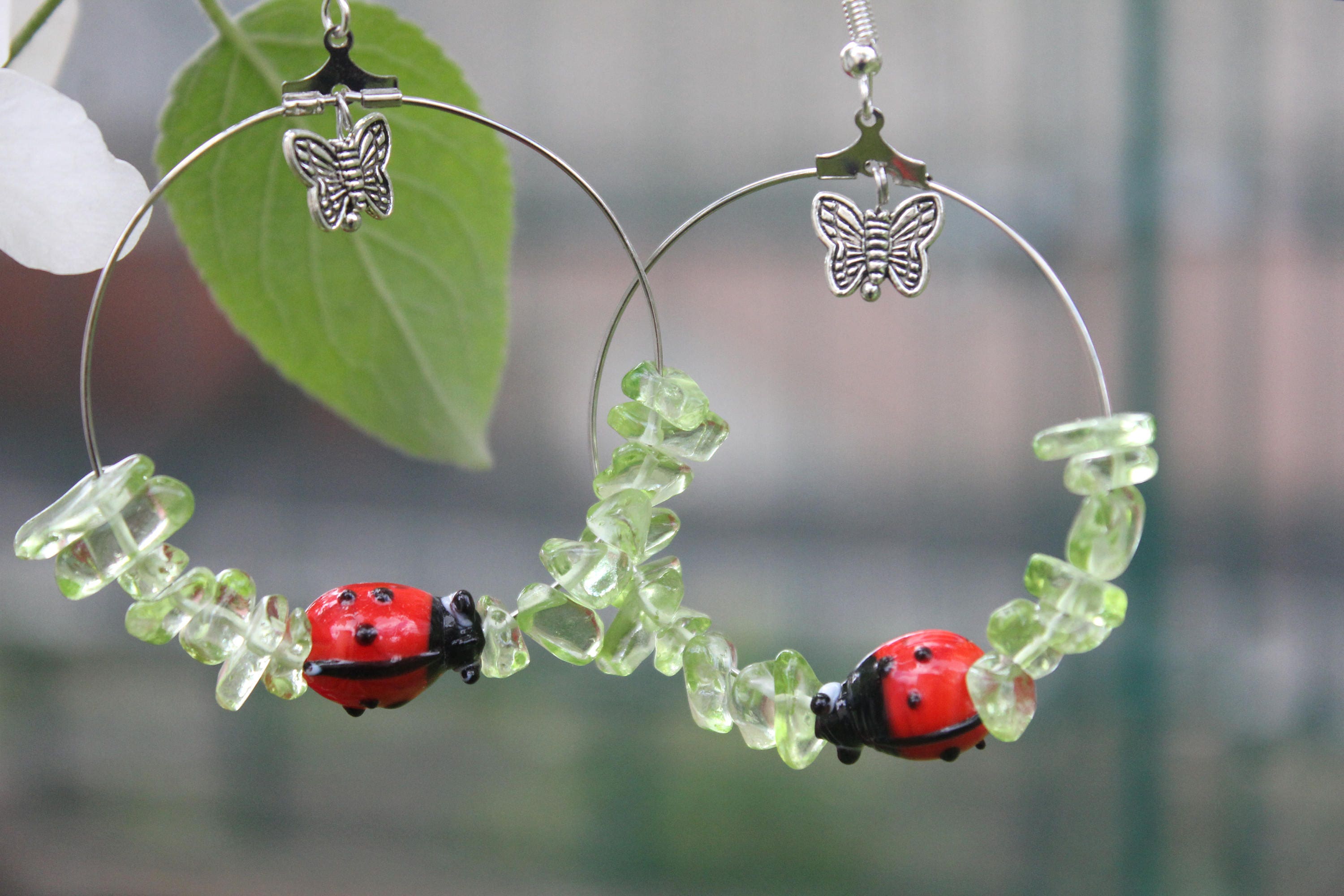 Custom Birthstone earrings for wife, Peridot hoop earrings with ladybug butterfly charm, birthday jewelry gift green summer earrings crystal