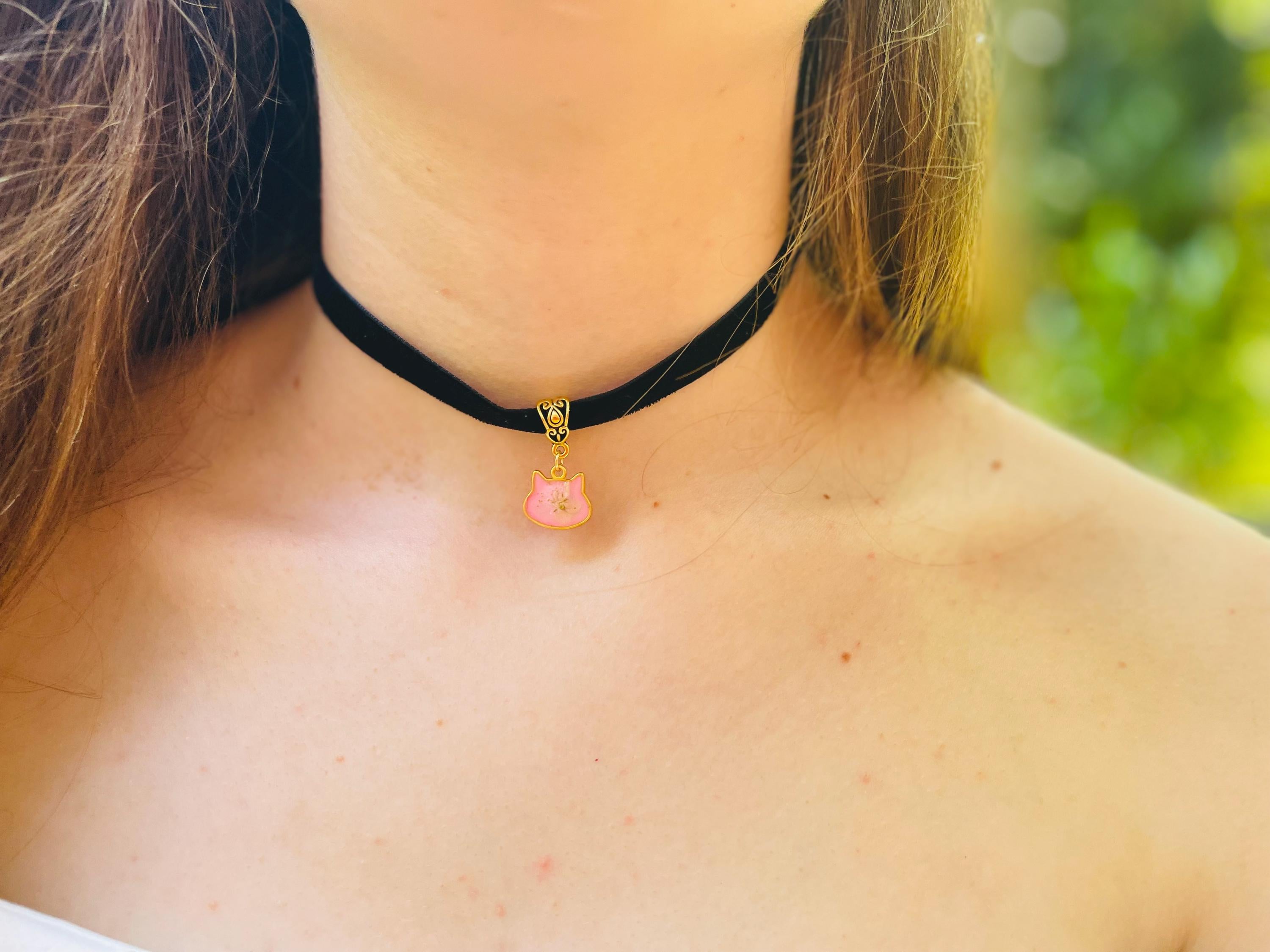 90s Black Velvet Cat Choker: White Flower Charm, Custom Length
