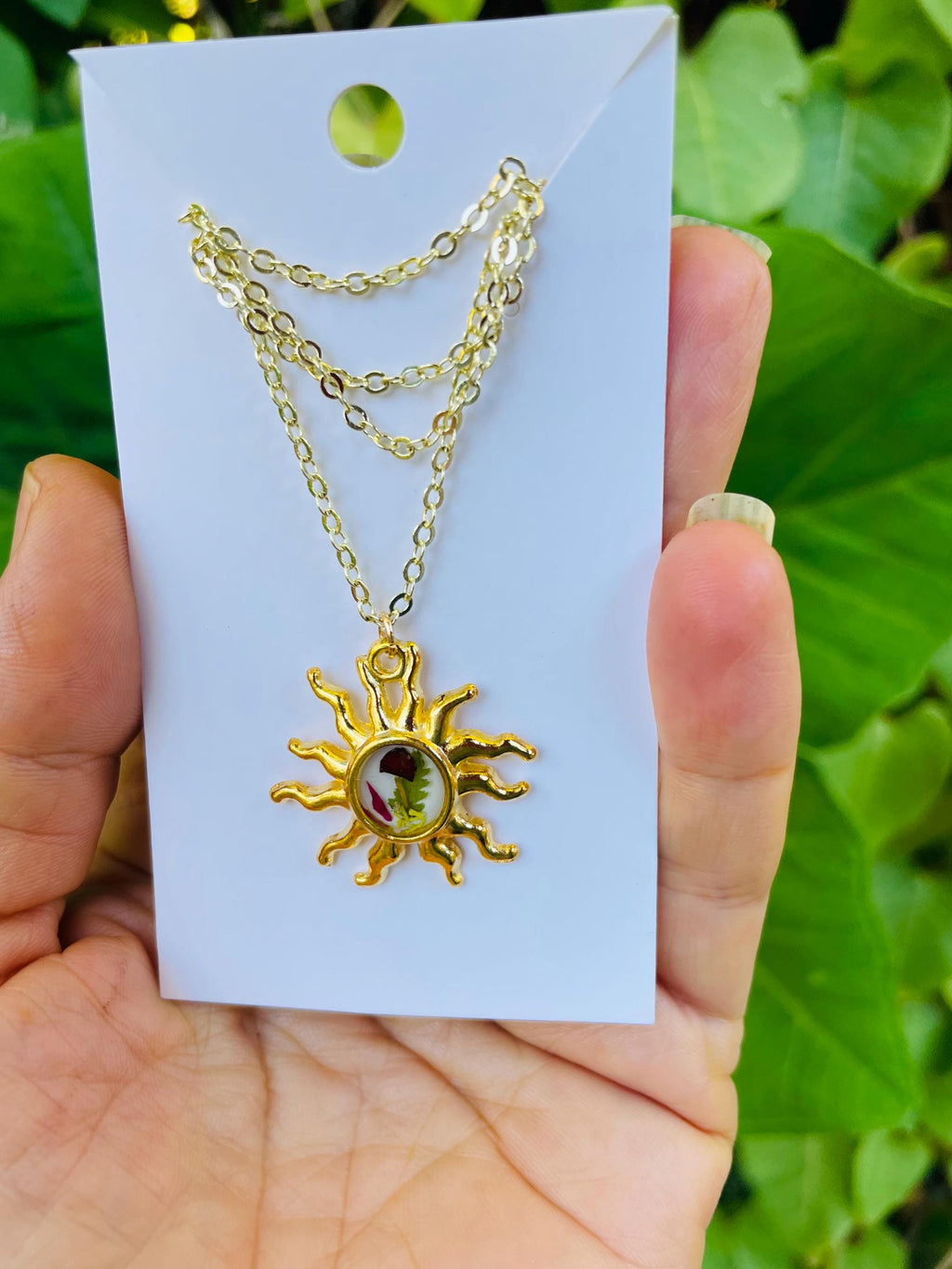 Gold Sun Necklace: Dainty Real Mushroom and Fern Pendant, Sunburst Celestial Jewelry Birthstone