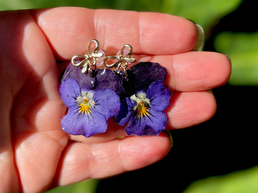Purple Violet Flower Earrings with Gold Bow Posts | Unique Birth Month Gift for February