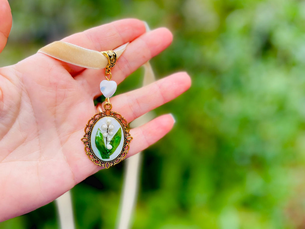 Lily of the Valley Necklace: Real Flower Pendant, Mother of Pearl Heart, Velvet Ribbon