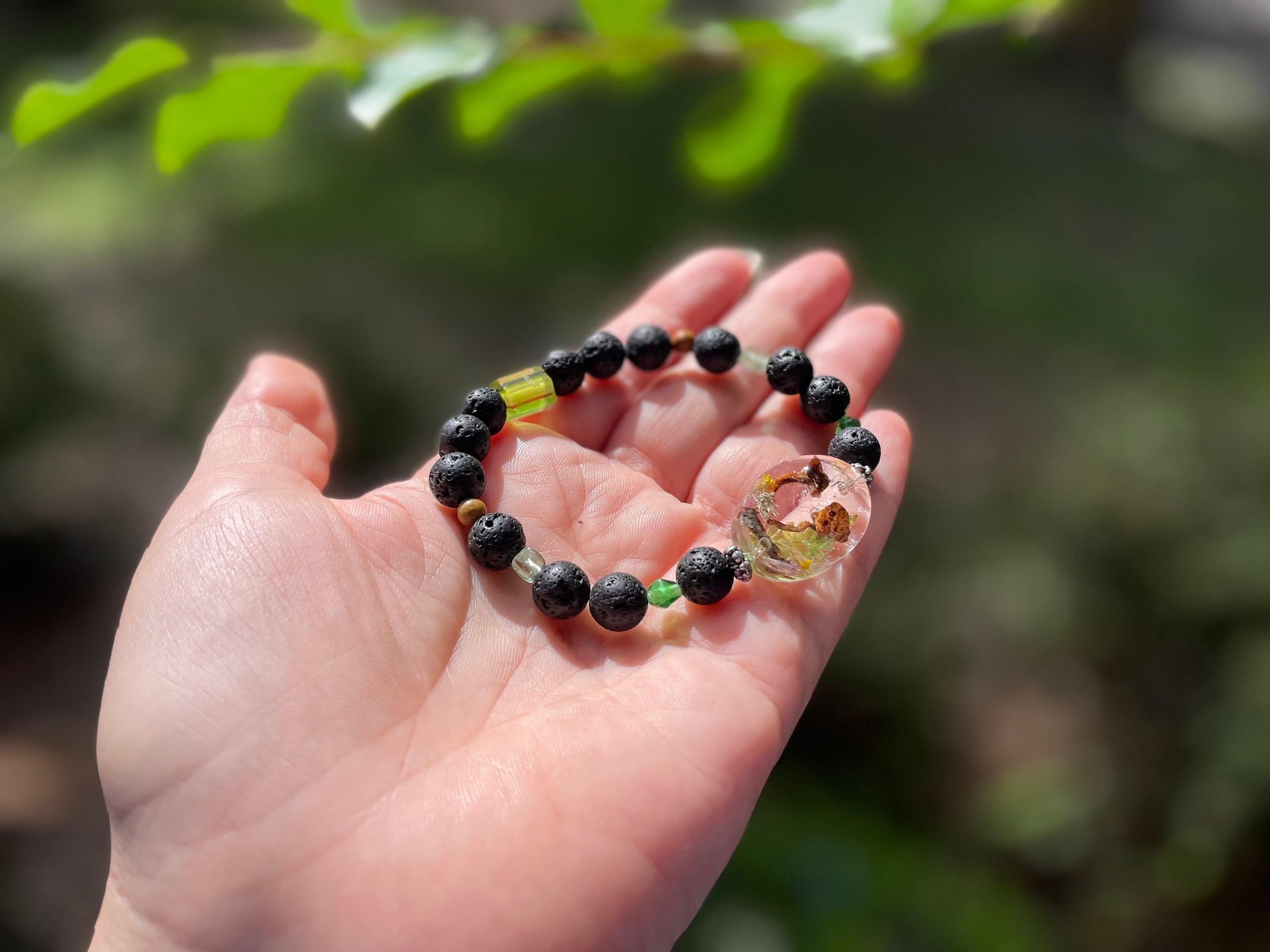 Mens Lava Stone Bracelet: Real Mushroom, Moss & Fern - Cottagecore Gift