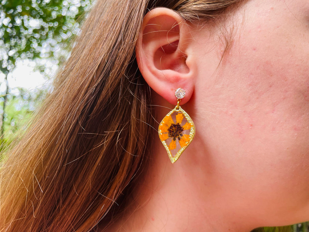 Handmade Sunflower Earrings: Real Flower Resin Jewelry, August Birthstone