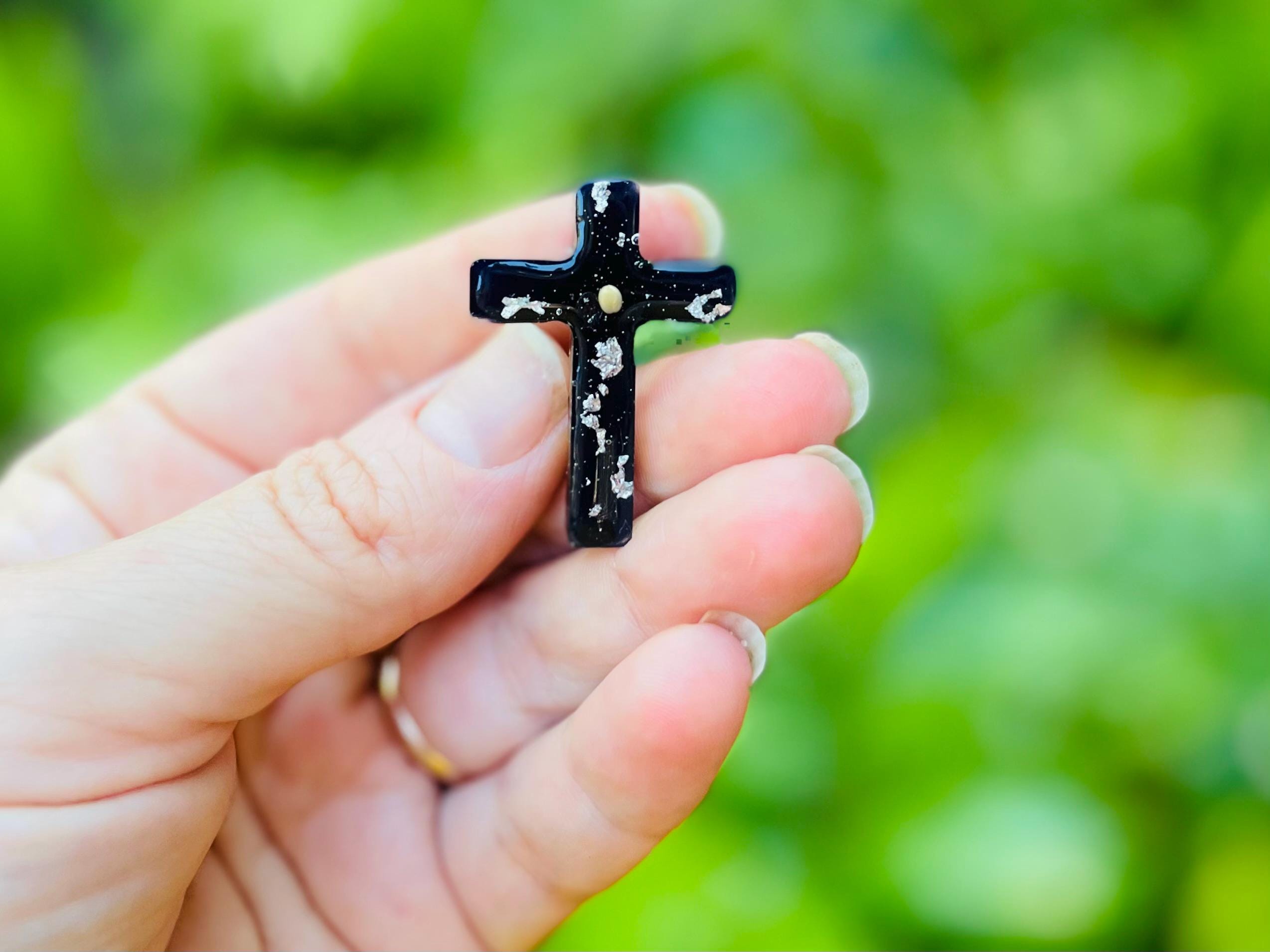 Black Cross Brooch for Men/Women: Mustard Seed Catholic Gift, 1.7 Inch