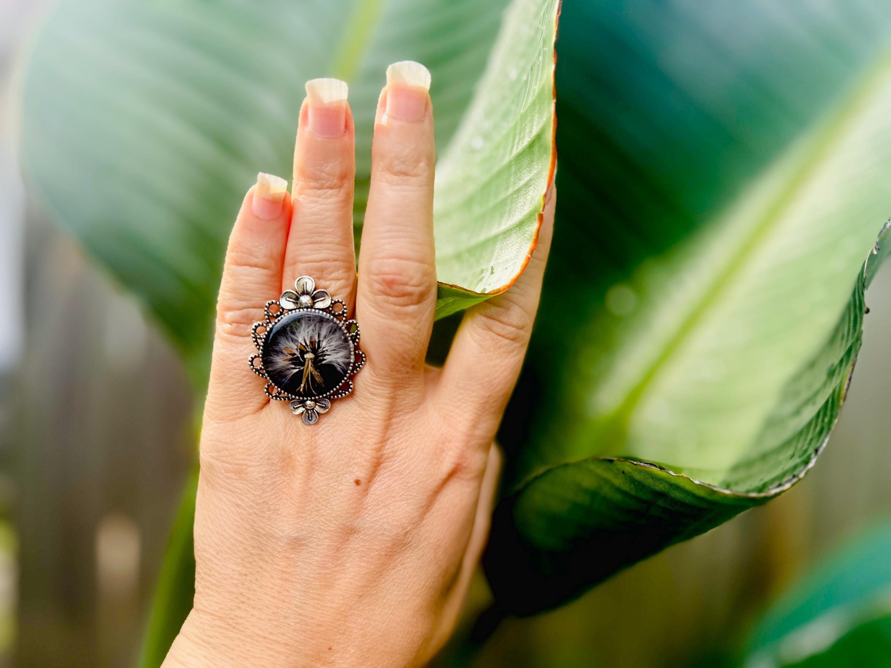 Antique Silver Dandelion Ring: Black Resin Flower Jewelry