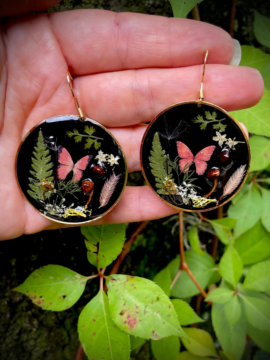 Dark Academia Mushroom Earrings: Real Moss, Fern & Butterfly