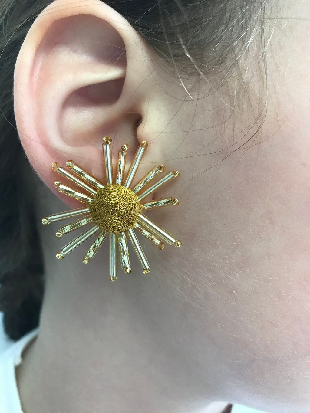 Gold Sunburst Earrings: Beaded Celestial Clip On Studs