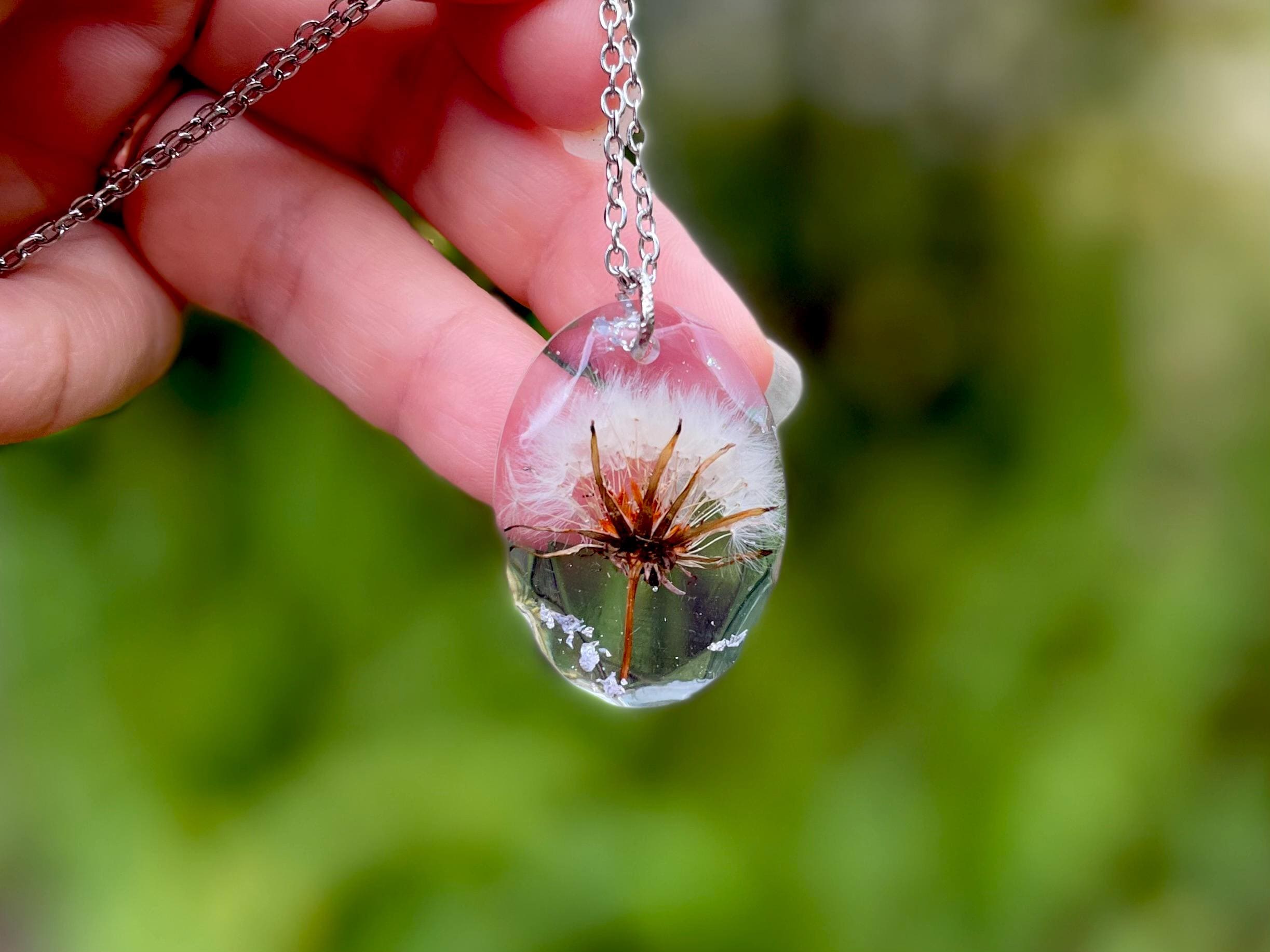 Custom Birthstone Dandelion Necklace: Resin Boho March Birth Month Flower Jewelry
