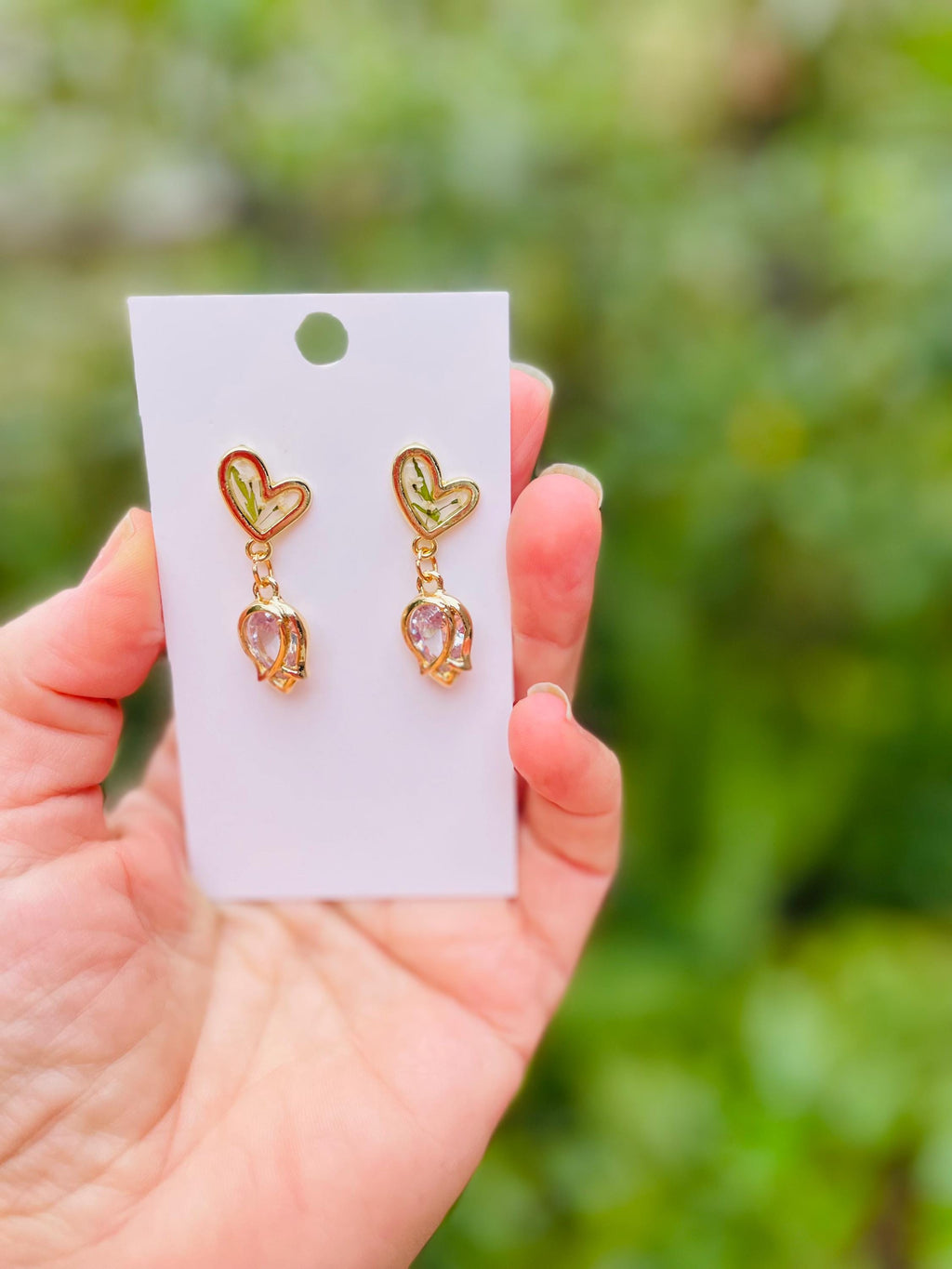 Gold Tulip Heart Earrings: Moissanite-like Crystal Flower Jewelry Galentine Day