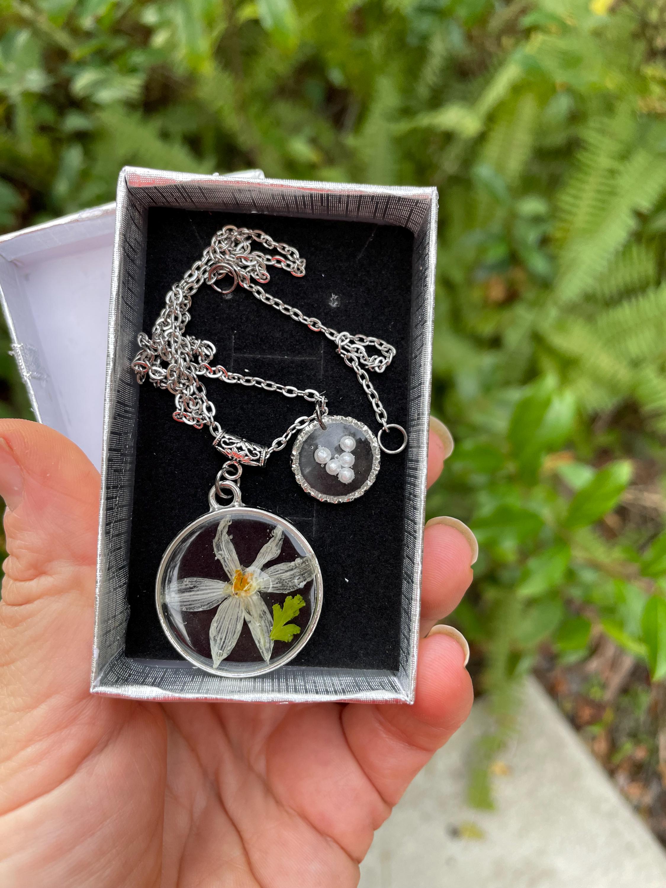 December Birth Flower Necklace: Handmade Narcissus, Personalized Initial, Pearl Resin Pendant