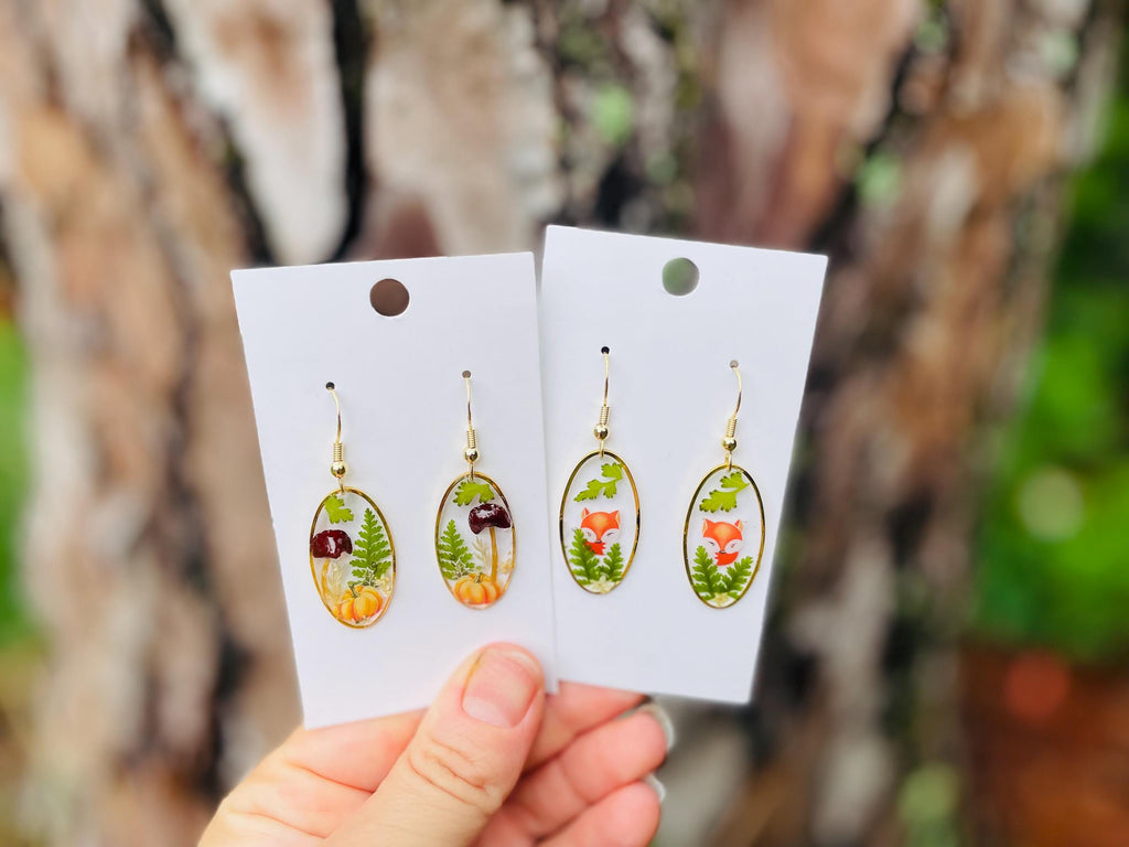 14K Gold Resin Dangle Earrings: Real Mushroom, Pumpkin, Fern & Flowers
