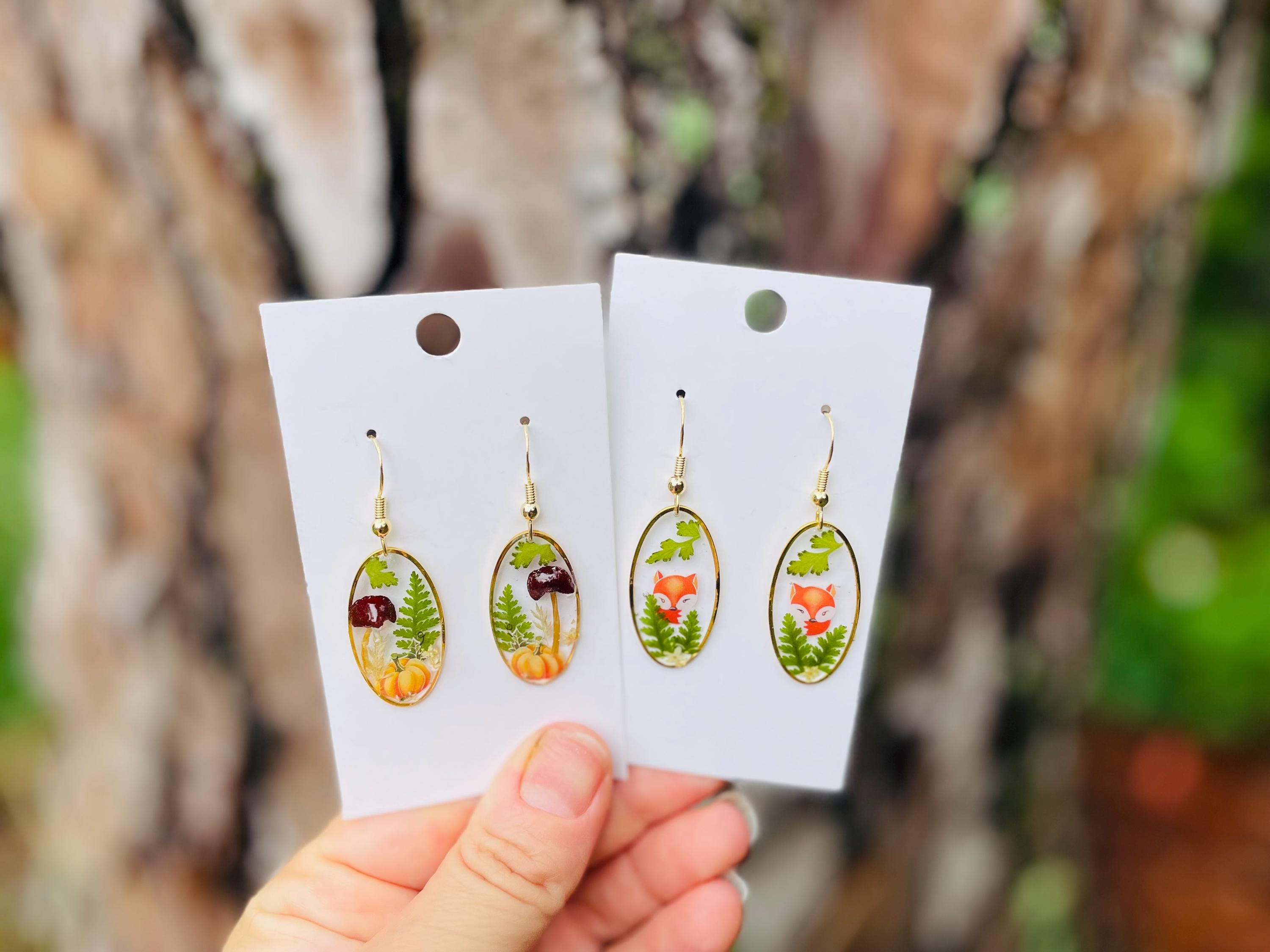 14K Gold Resin Dangle Earrings: Real Mushroom, Pumpkin, Fern & Flowers