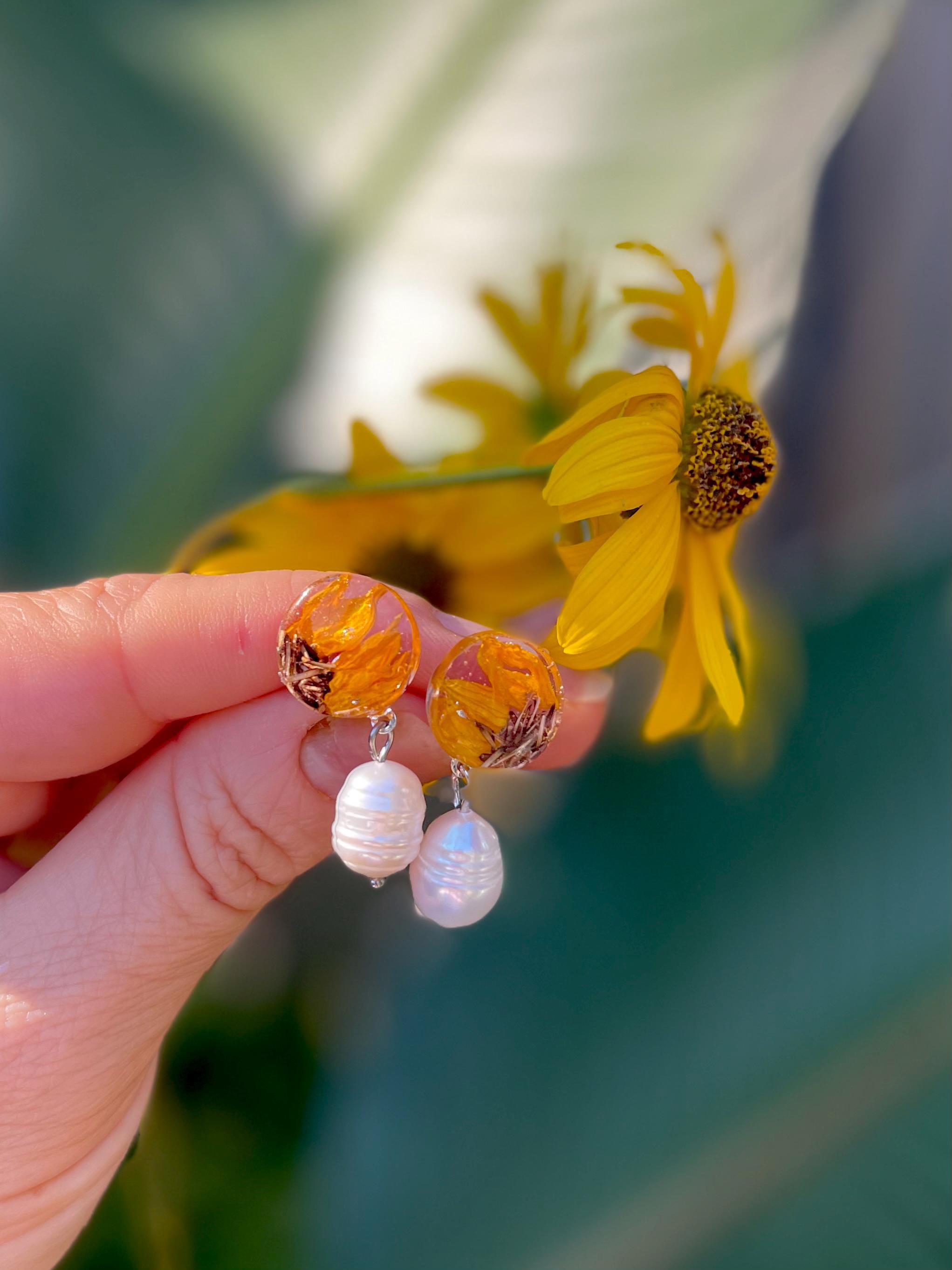 Baroque Pearl Sunflower Earrings Stud: August and July Birth Flower Jewelry