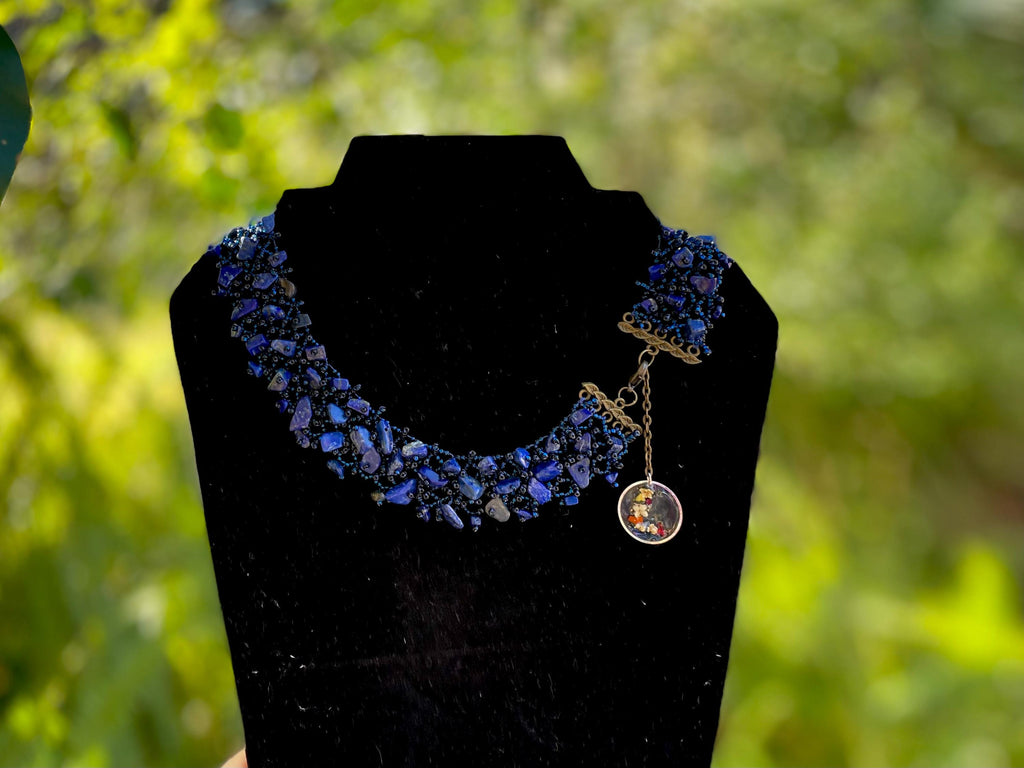 Lapis Lazuli Necklace Collar Choker: Personalized Pressed Flower Initial Charm, September Birthstone