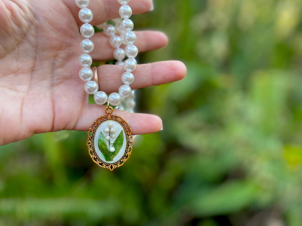 Lily of the Valley Necklace: May Birth Flower, Real Flower Resin Pendant