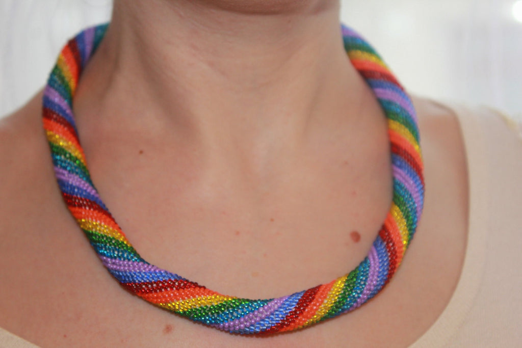 Colorful beaded choker necklace, striped rainbow necklace African boho chic necklace for girlfriend birthday sister lesbian jewelry crochet