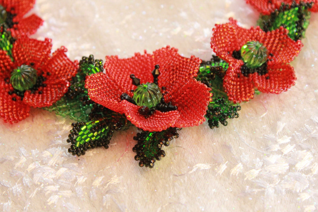 Red flower jewelry necklace, Poppy Necklace, Floral collar Choker, Wedding gift bride~Unique Beaded Necklace for girlfriend, Valentines gift