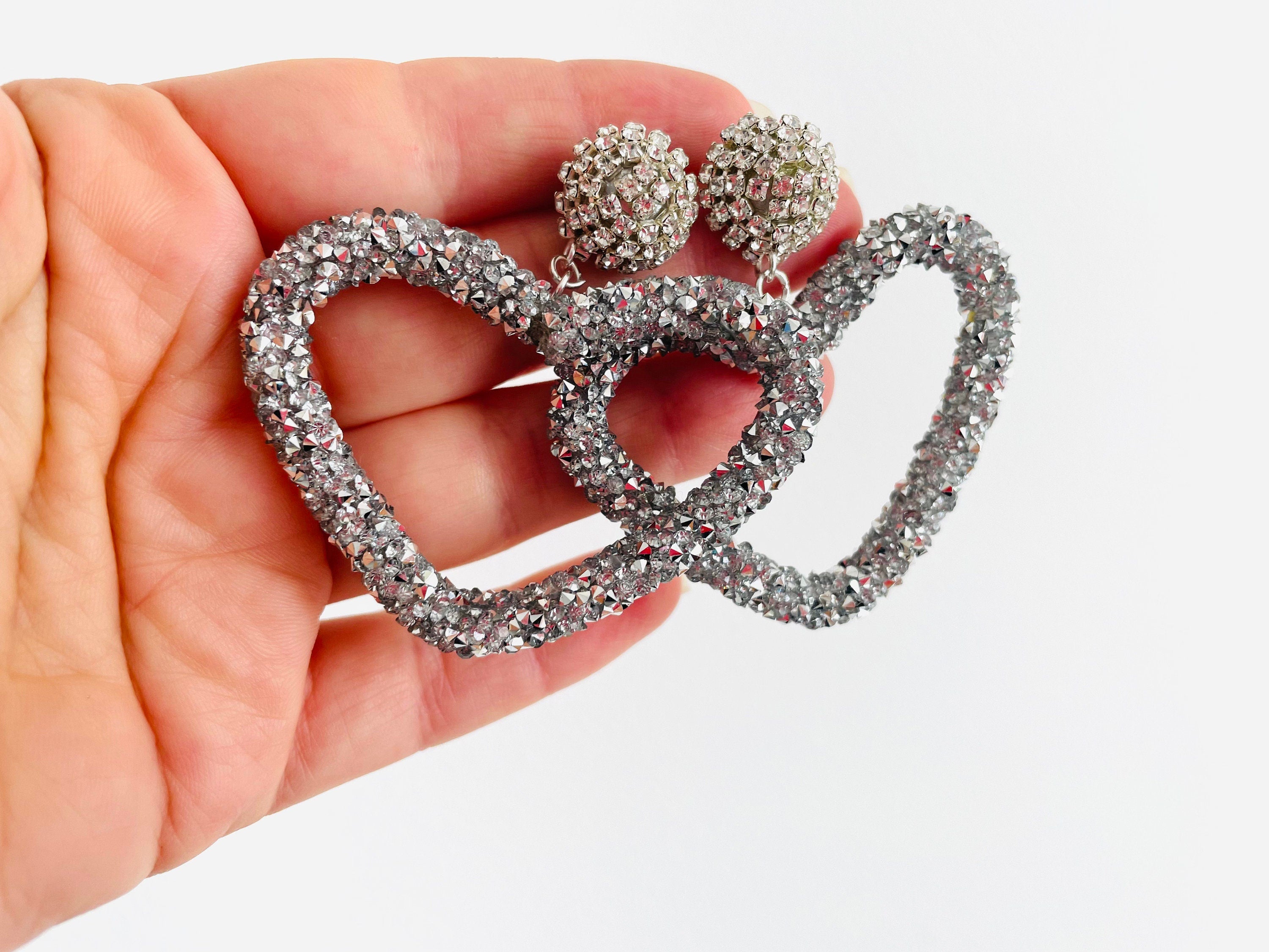 Open Cora Large Hoop Heart Crystal earrings Silver, Drop Earrings Les Bonbon, Big Heart Shaped Rhinestone Statement Earrings gift for her