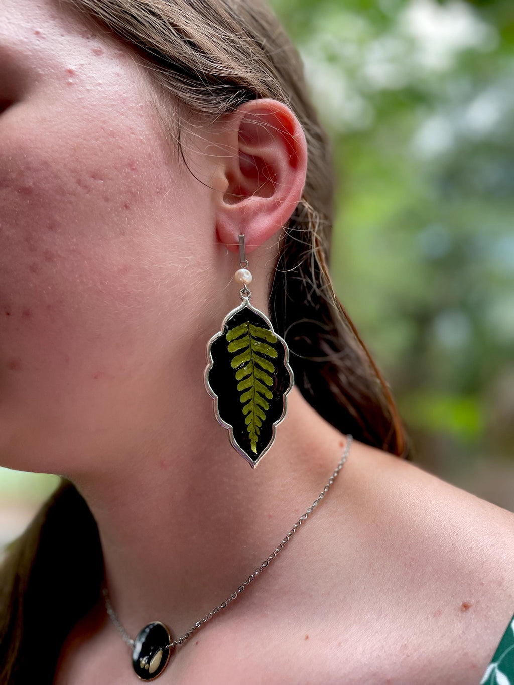 Fern Leaf Baroque Pearl Earrings: Gothic Resin Statement Jewelry