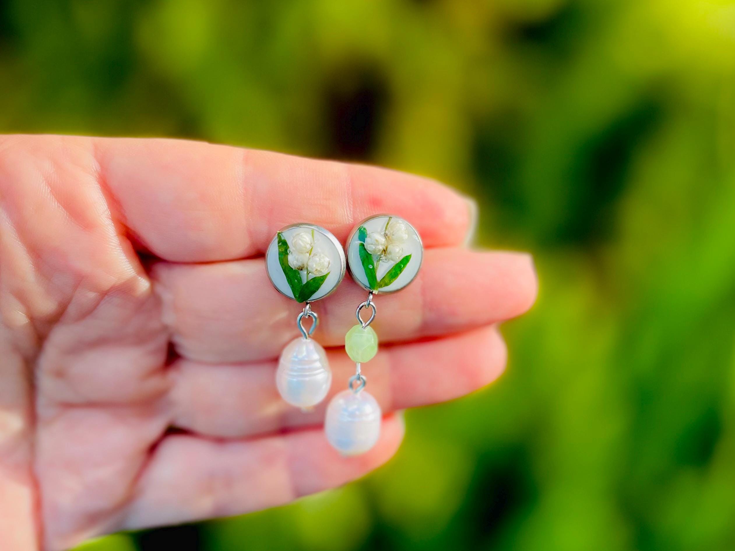 Lily of the Valley Pearl Dangle Earrings: Real Flower Resin Jewelry May Birth Flower Studs