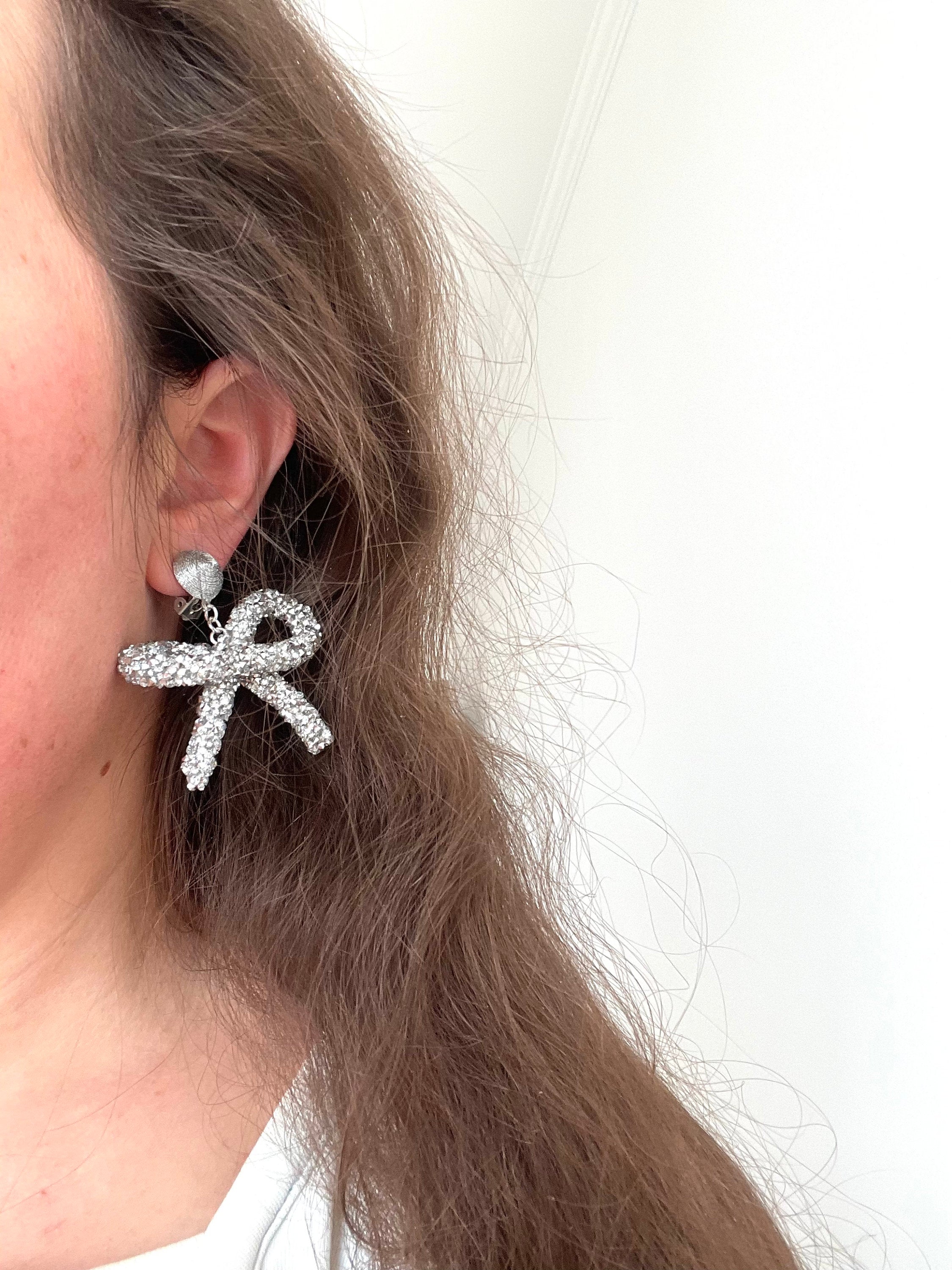 Rhinestone Bow Earrings drop, Crystal Earrings, Silver Earrings, Sparkly Earrings, Party Earrings, Rhinestone Earrings, Big Earrings clip on