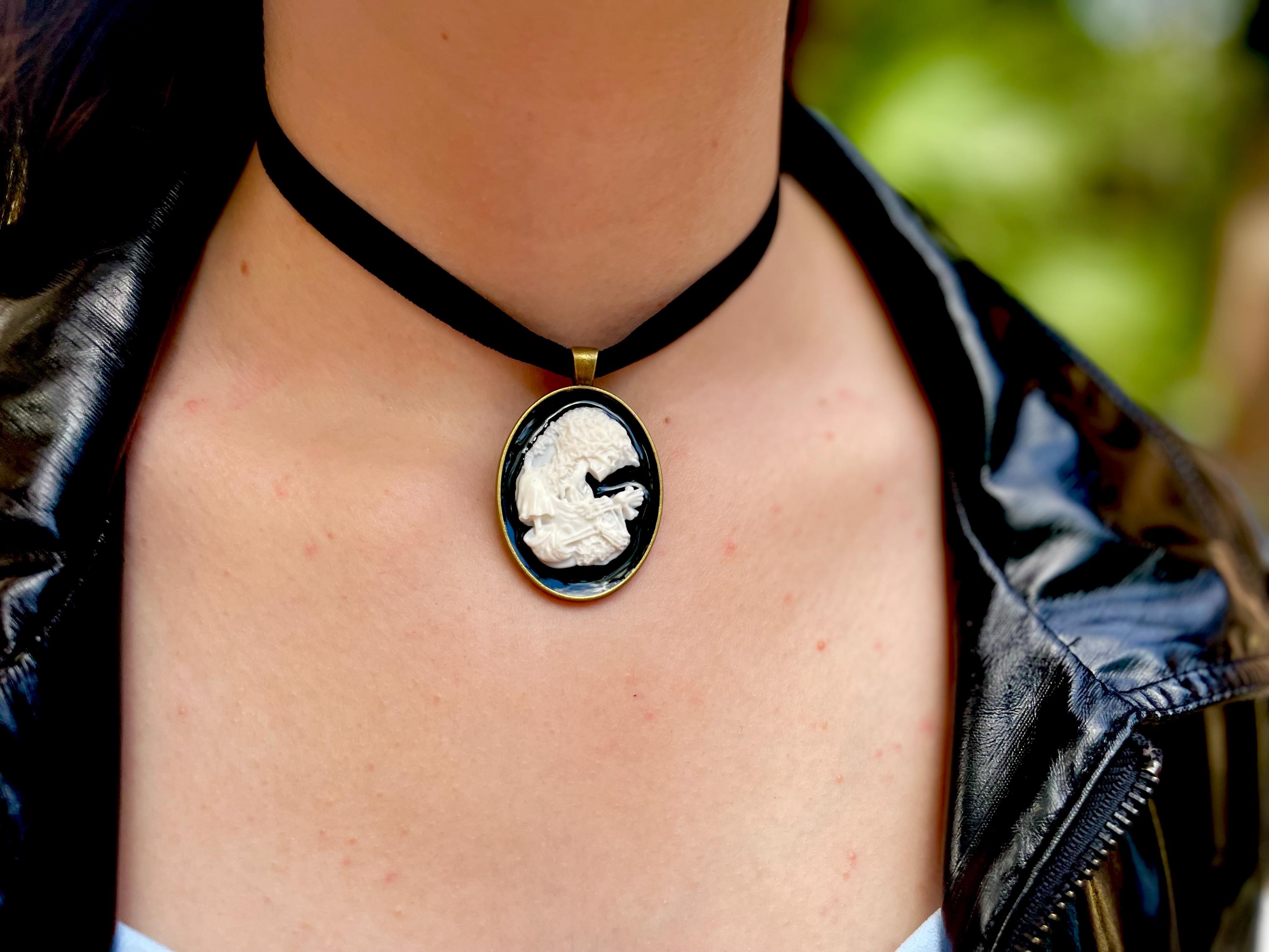 Skeleton Cameo Necklace: Halloween Velvet Ribbon Pendant, Victorian Gothic Jewelry