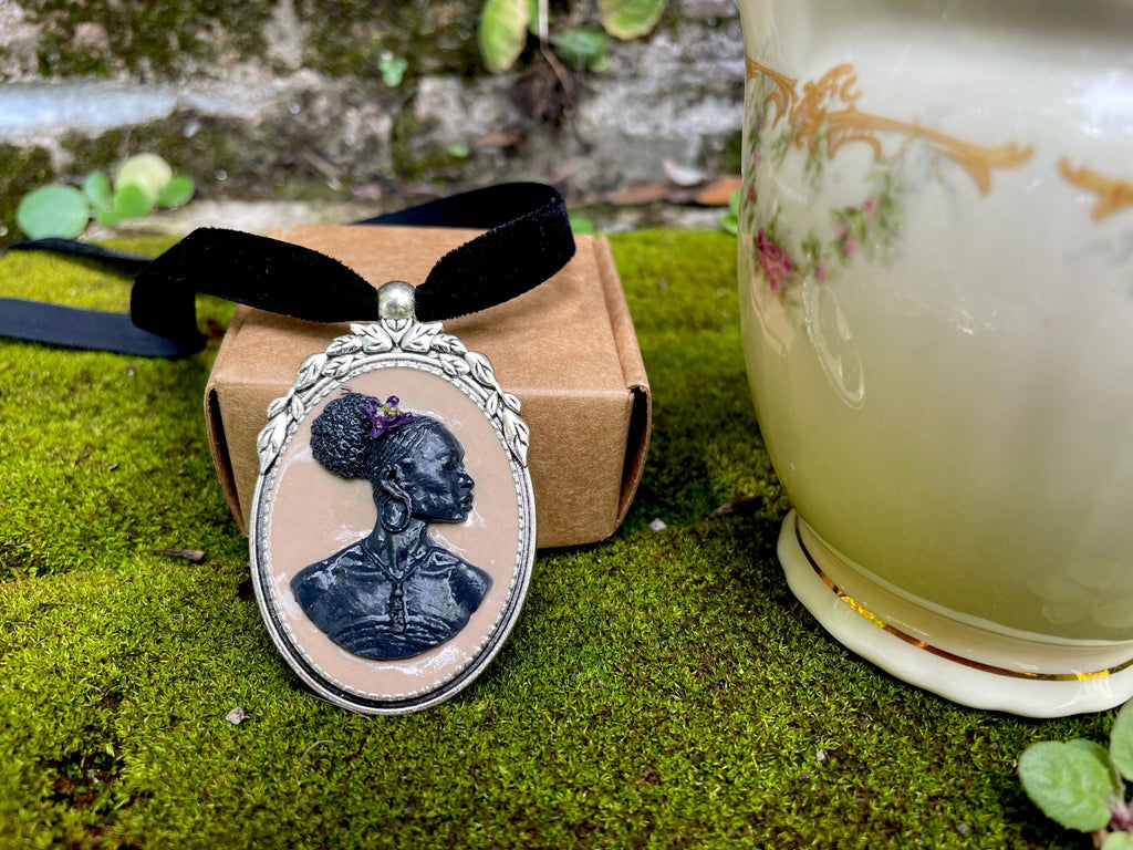 Handmade Cameo Necklace: African American Woman, Velvet Choker, Birthstone Option