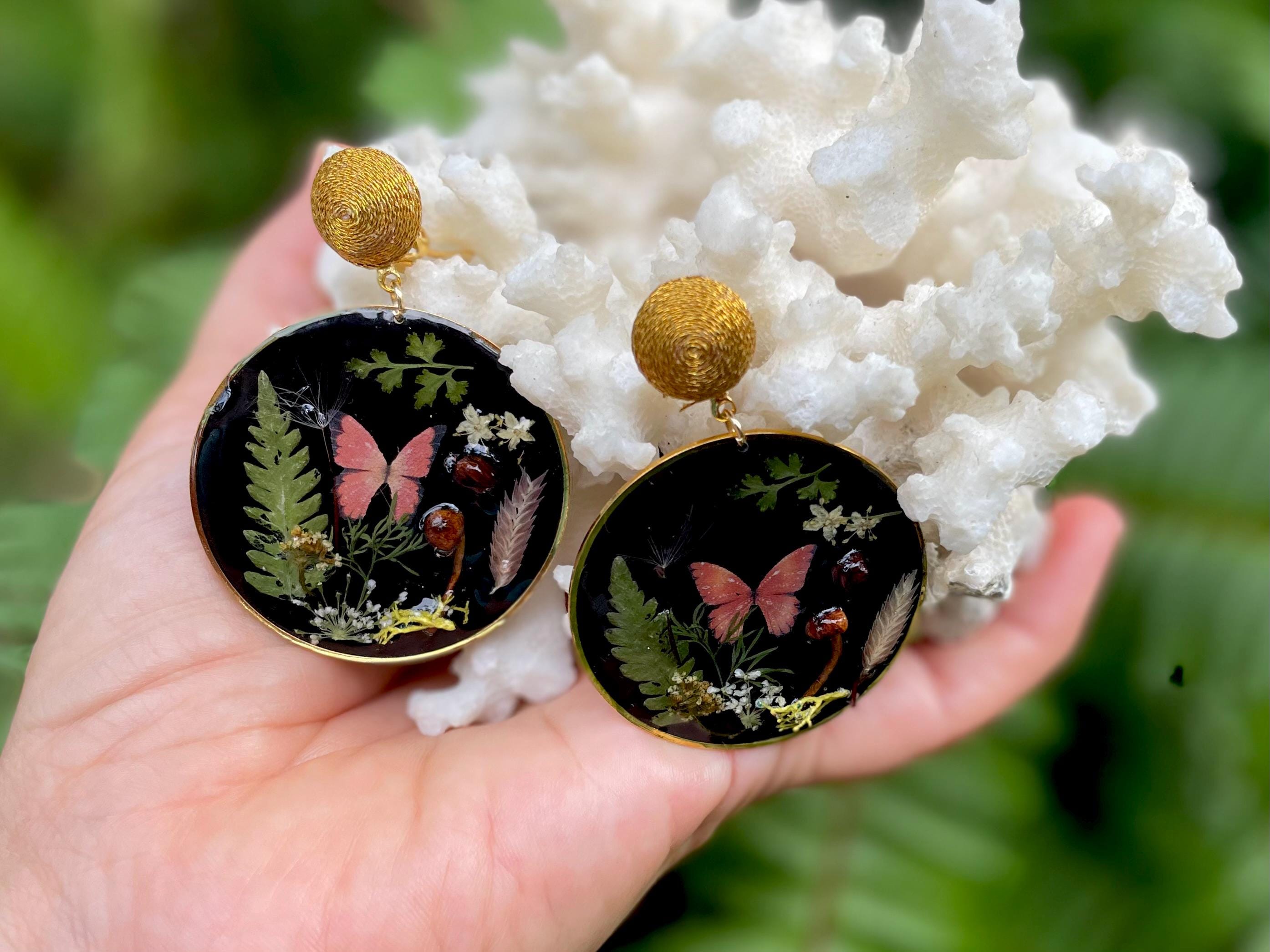 Dark Academia Mushroom Earrings: Real Moss, Fern & Butterfly