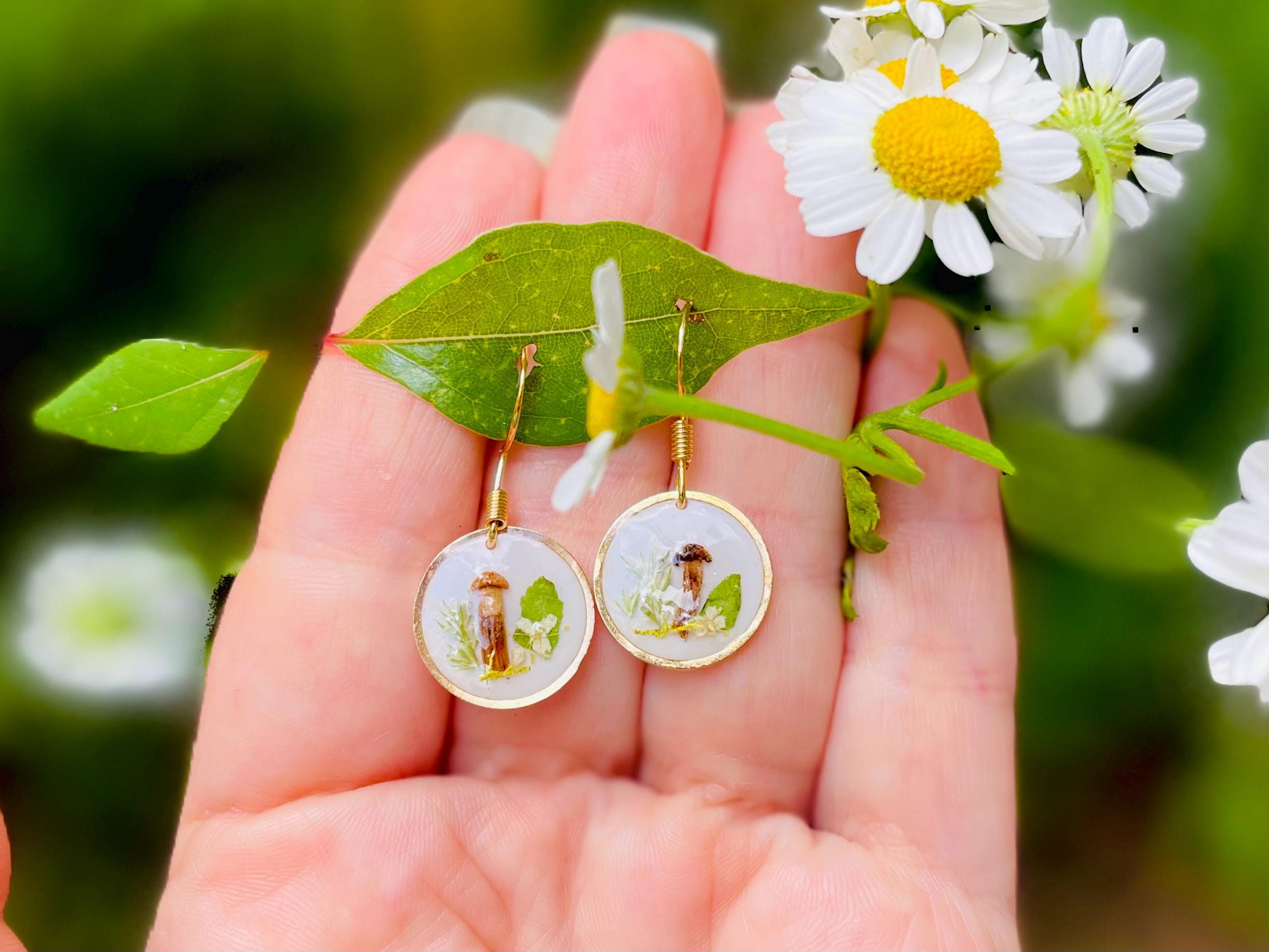 14K Gold Minimalist Meadow Flower & Mushroom Earrings | Unique Botanical Woodland Fairy Jewelry Resin