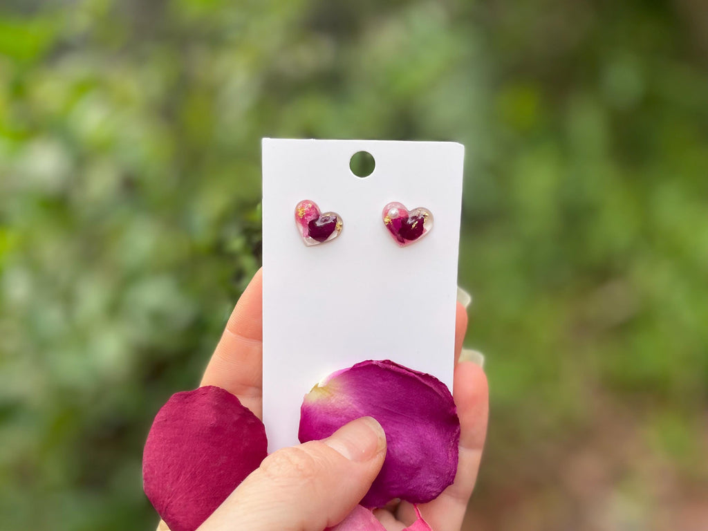 Handmade Heart Rose Stud Earrings: Titanium Resin Flower Earrings June Birth Month