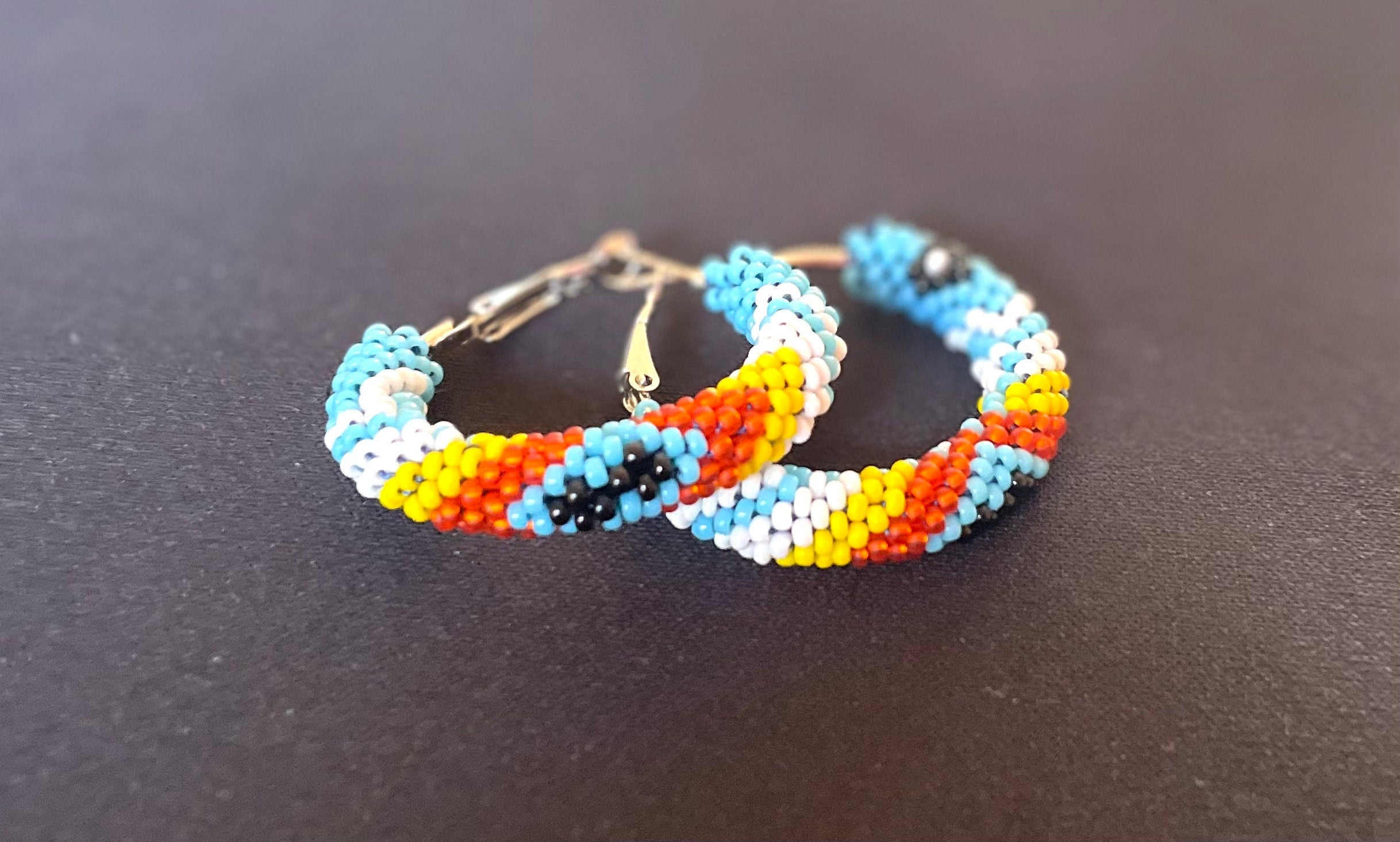 Turquoise Native Style Earrings, Ethnic Southwestern Style Hoop Earrings, Bead Crochet Hoops, Handmade jewelry, huggie hoop earrings silver