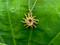 Gold Sun Necklace: Dainty Real Mushroom and Fern Pendant, Sunburst Celestial Jewelry Birthstone