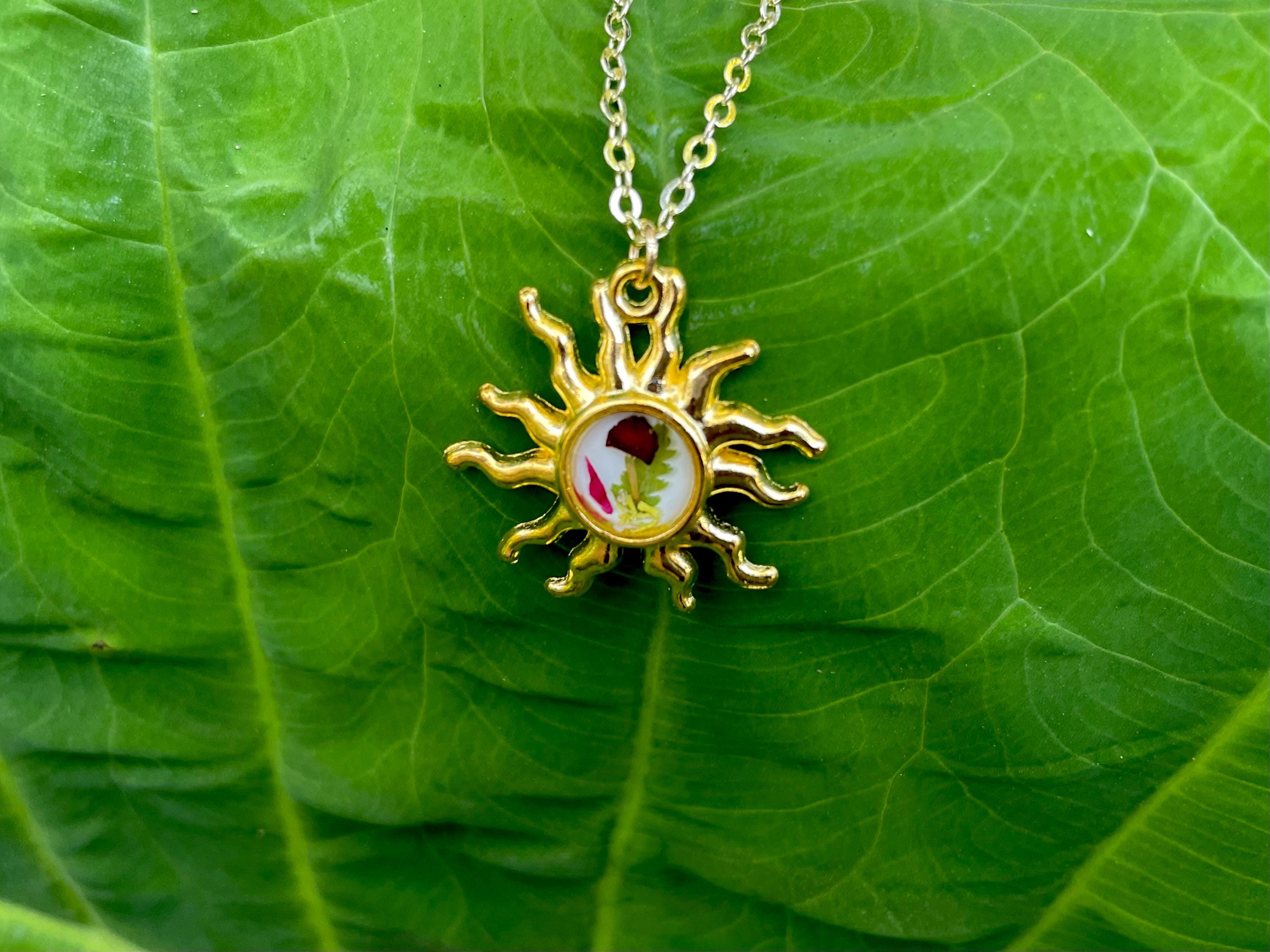 Gold Sun Necklace: Dainty Real Mushroom and Fern Pendant, Sunburst Celestial Jewelry Birthstone