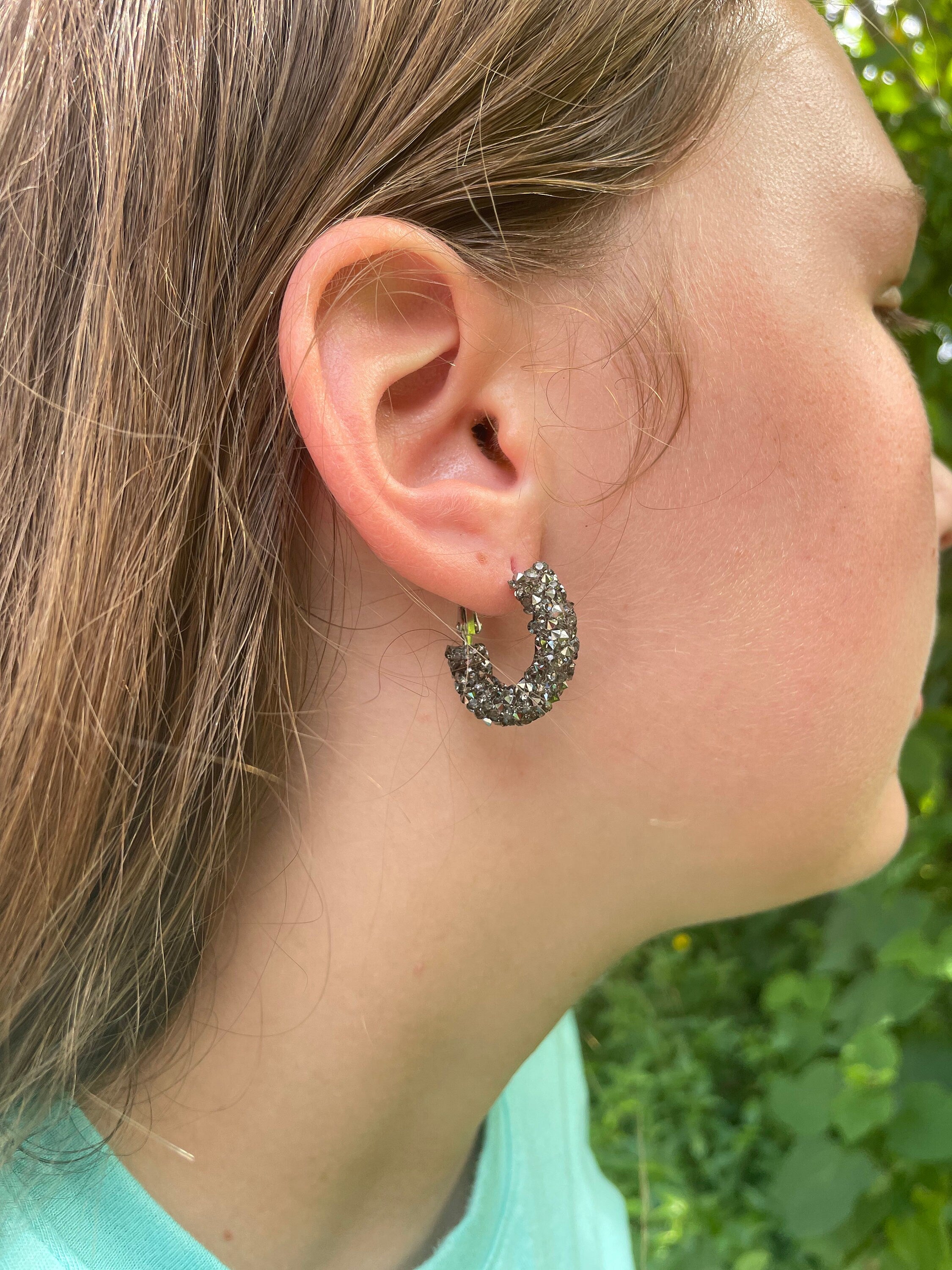 Huggie earrings, huggie hoop earrings silver, rhinestone hoop wedding earrings for bride, black hoop earrings for women, gold crystal hoops