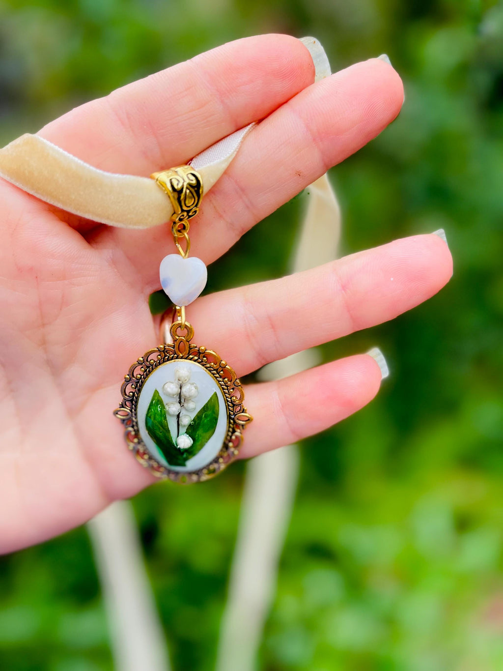 Lily of the Valley Necklace: Real Flower Pendant, Mother of Pearl Heart, Velvet Ribbon
