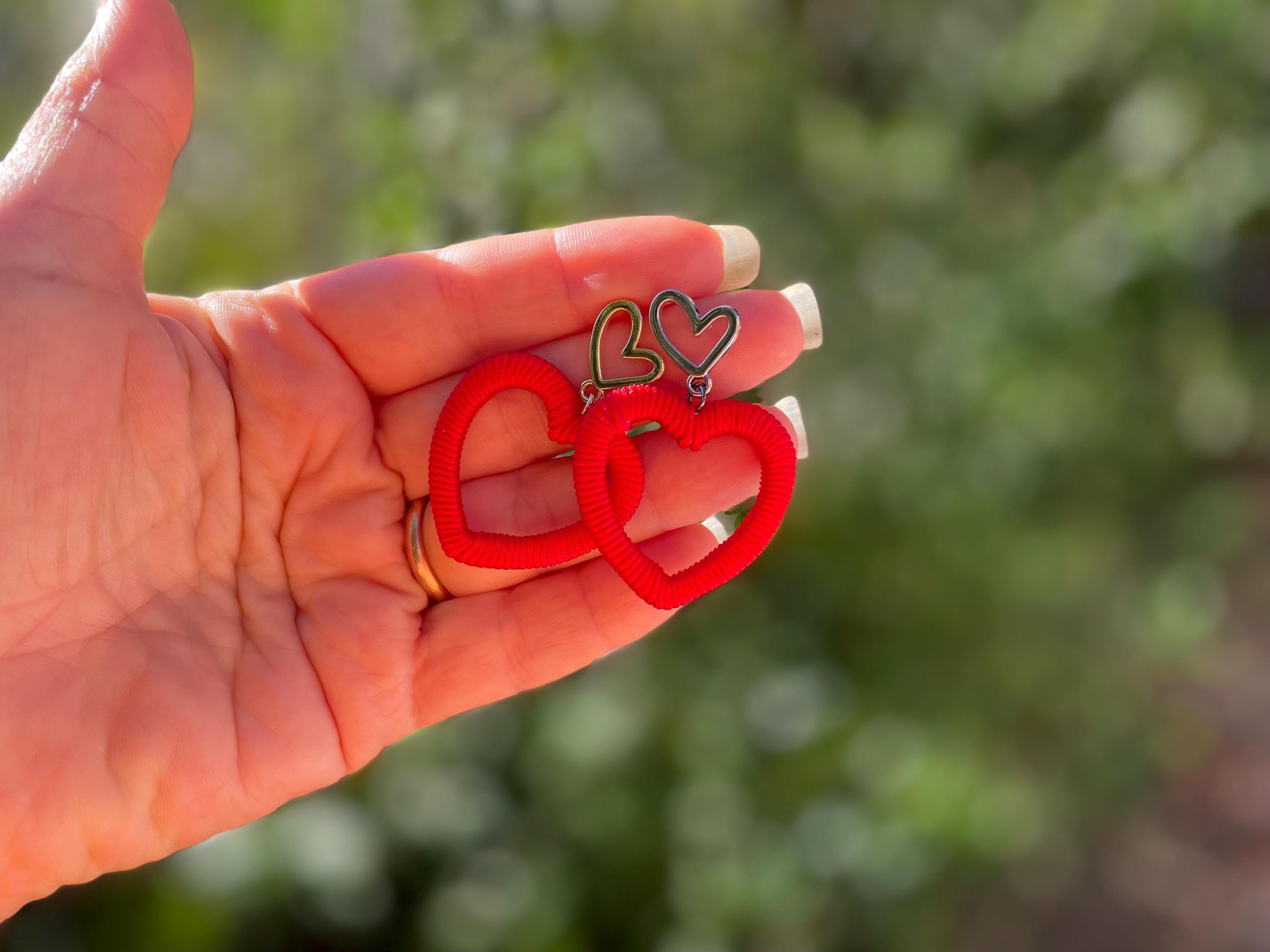 Red Silk Cord Heart Earrings: Valentine's Day Statement Hoops