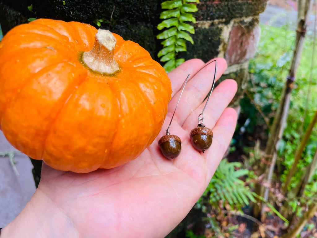 Real Acorn Threader Earrings: Rustic Fall Woodland Jewelry