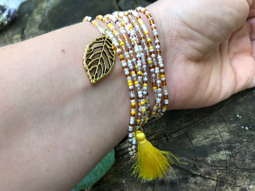 yellow brown beaded wrap bracelet, Fall accessory for girlfriend ~leaf seed bead bracelet~mini tassel bangle for hippie, seed bead necklace
