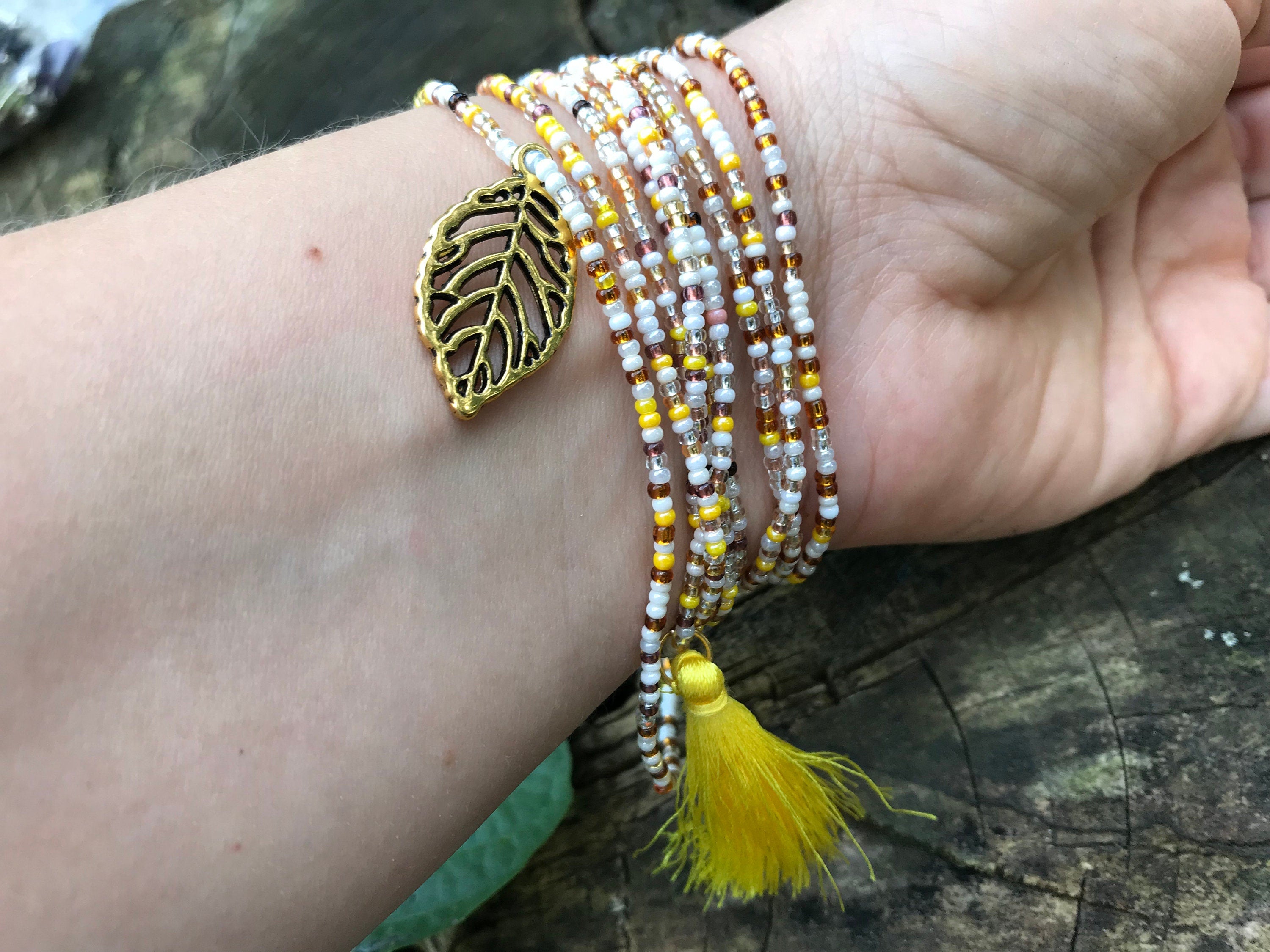 yellow brown beaded wrap bracelet, Fall accessory for girlfriend ~leaf seed bead bracelet~mini tassel bangle for hippie, seed bead necklace