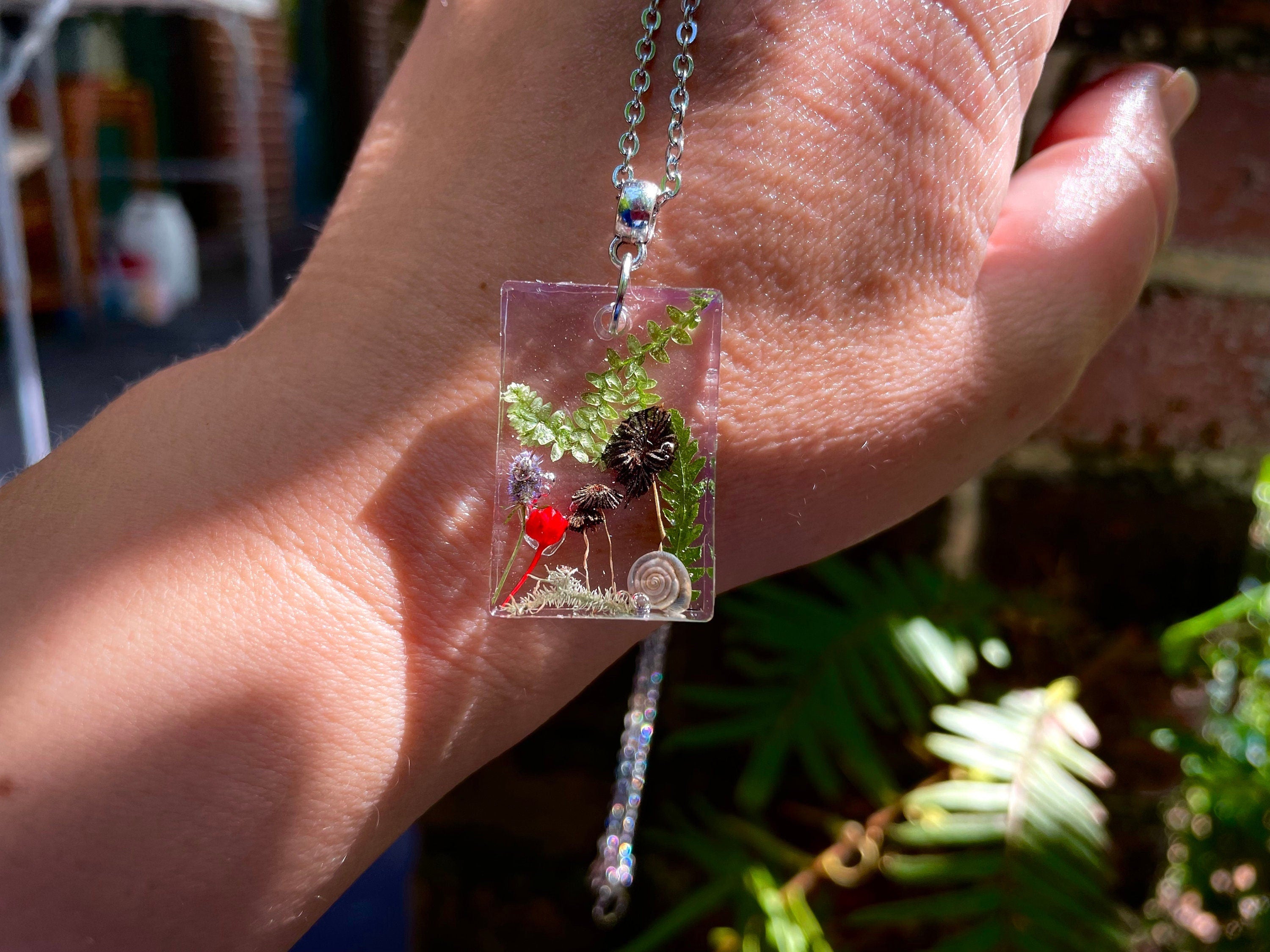 Mushroom Family Resin Necklace: Pressed Flower Pendant, Birthstone Option