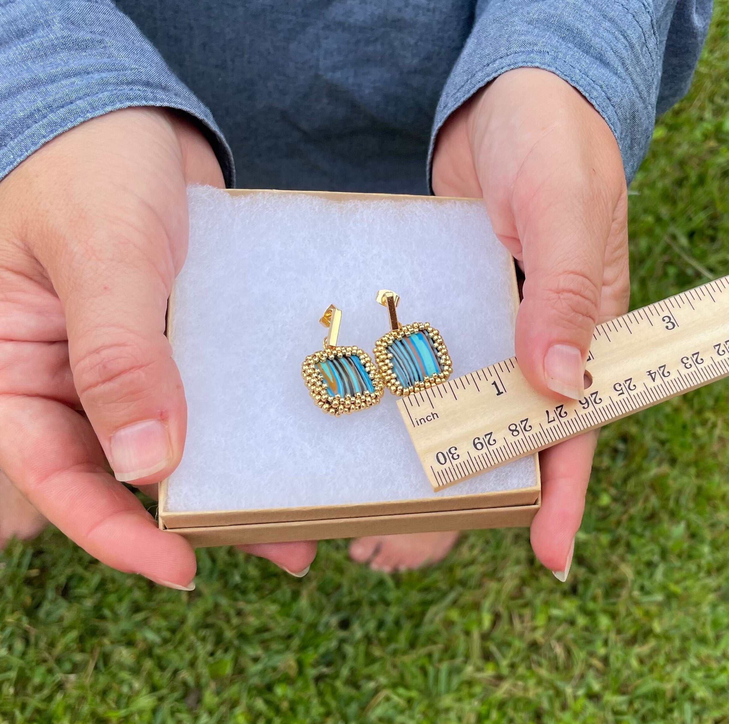 Square dangle beaded earrings with striped turquoise malachite like crystals with gold or silver studs, 1.24 inch long earrings for women