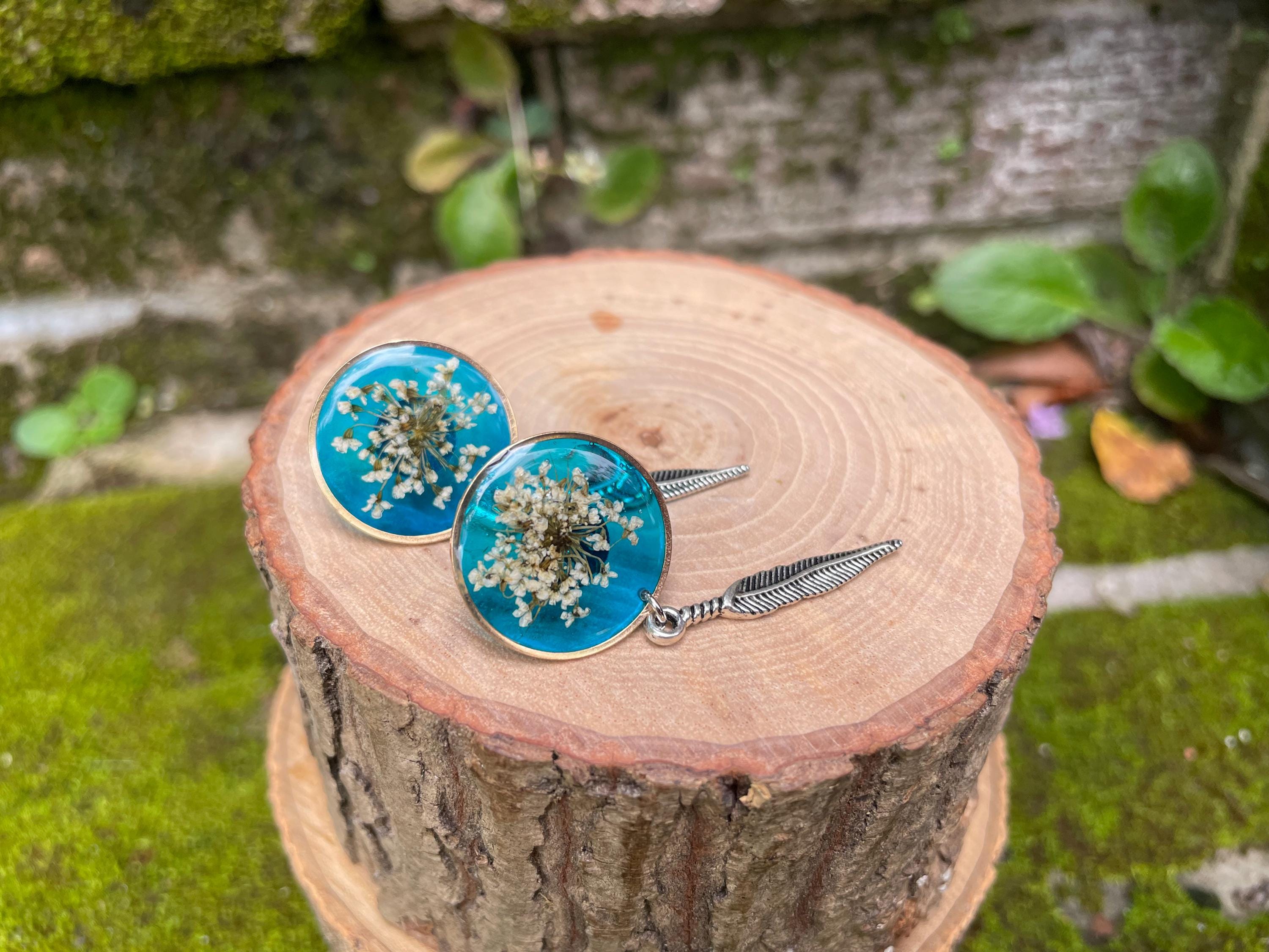 Patina Blue Resin Stud Earrings: Real Pressed Flower and Turquoise Feather jewelry