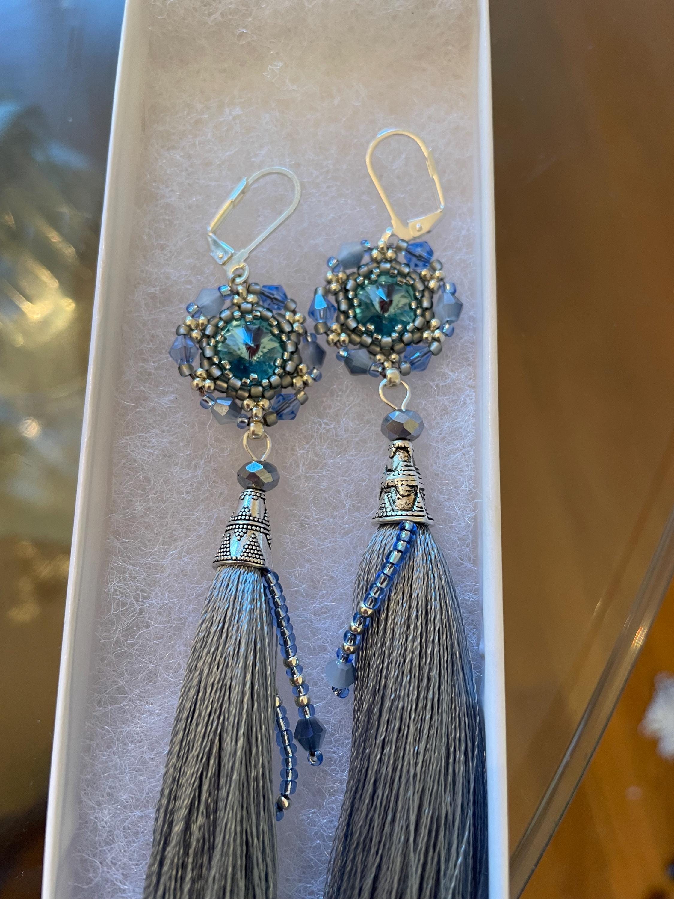 Dusty Blue Swarovski Crystal Beaded Silk Tassel Earrings: Bridal Something Blue Jewelry Handmade 5 inch