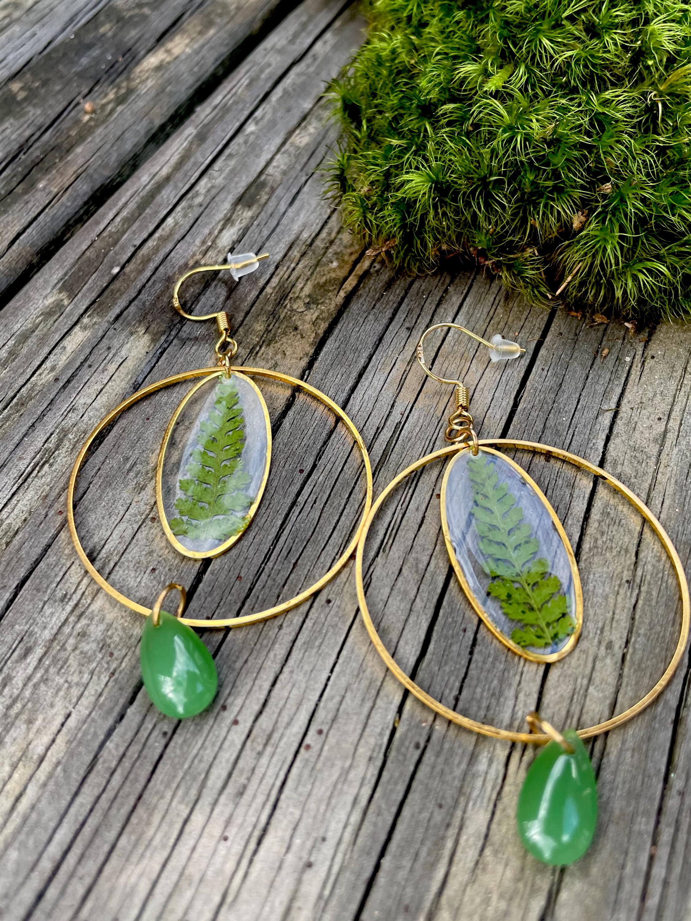 Gold Green Fern Hoop Christmas Earrings: Clip-On/Post Options | Tree-Inspired Design