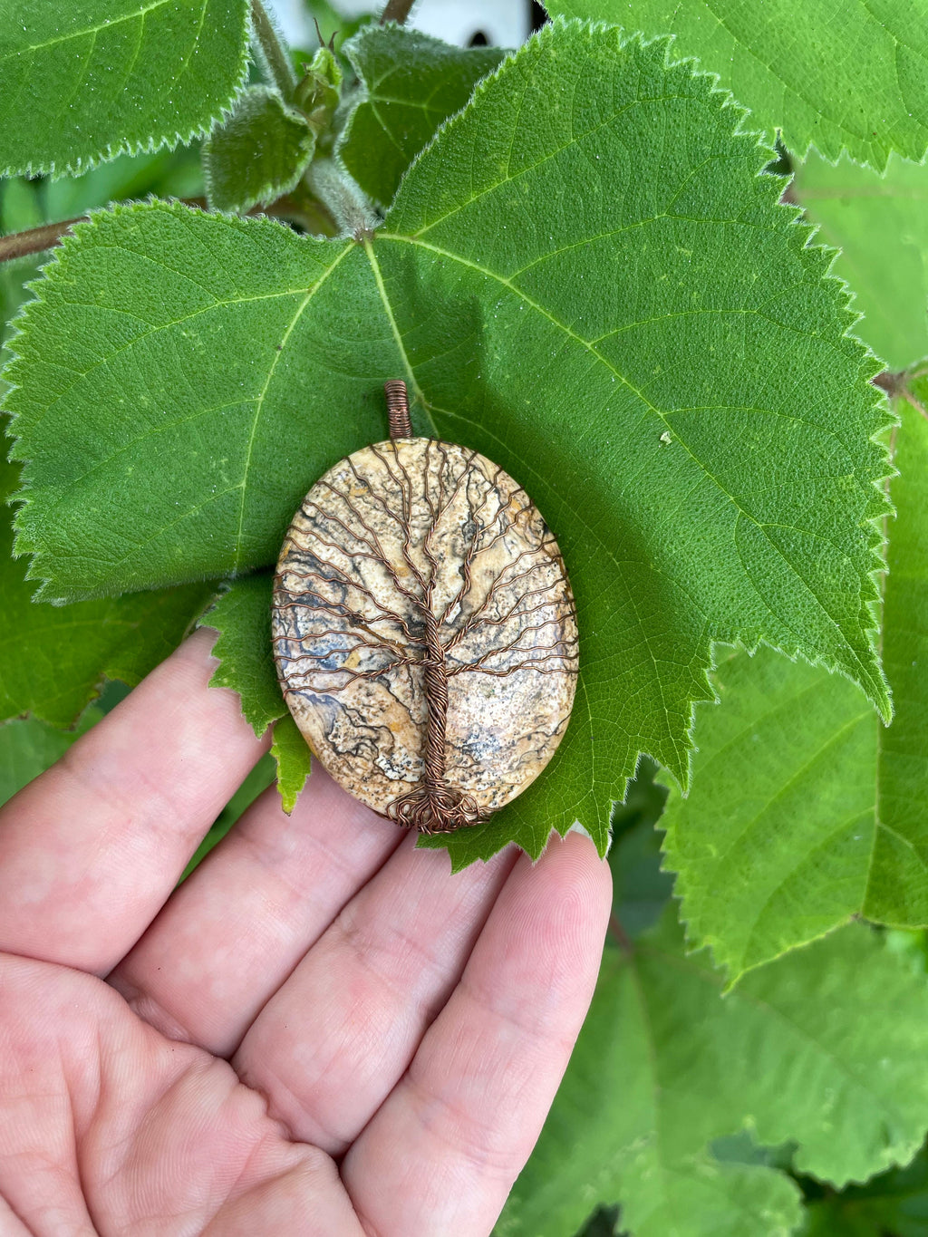 Copper Wire Wrapped Oval Picture Jasper Tree of Life Pendant - Unique Mens Chain Pendant Necklace