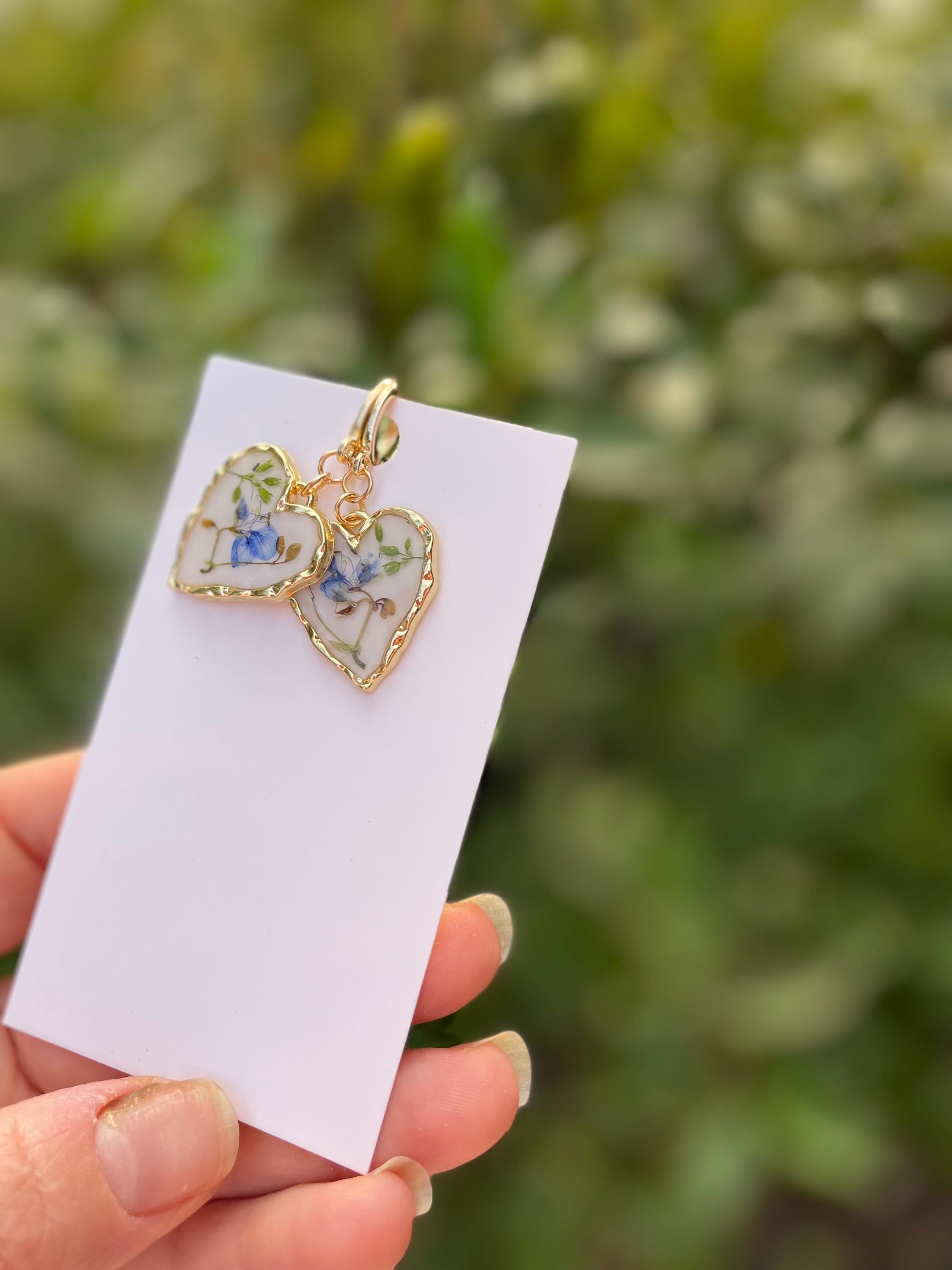 14k Gold Earrings Heart: Porcelain Like Huggie Earrings, Real Blue Flowers