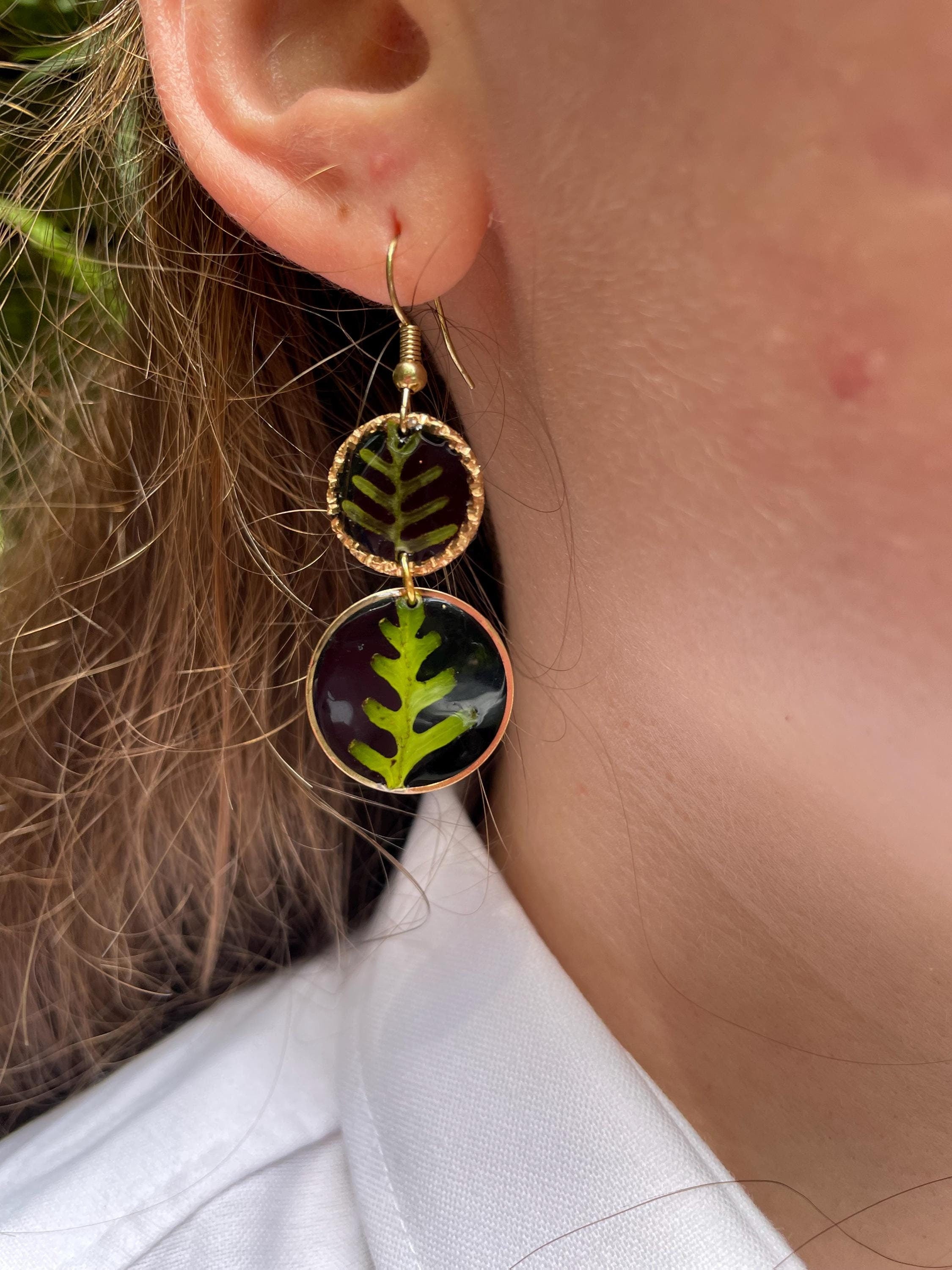 14K Gold Fern Earrings: Real Leaf Dangle Earrings, Botanical Jewelry Black