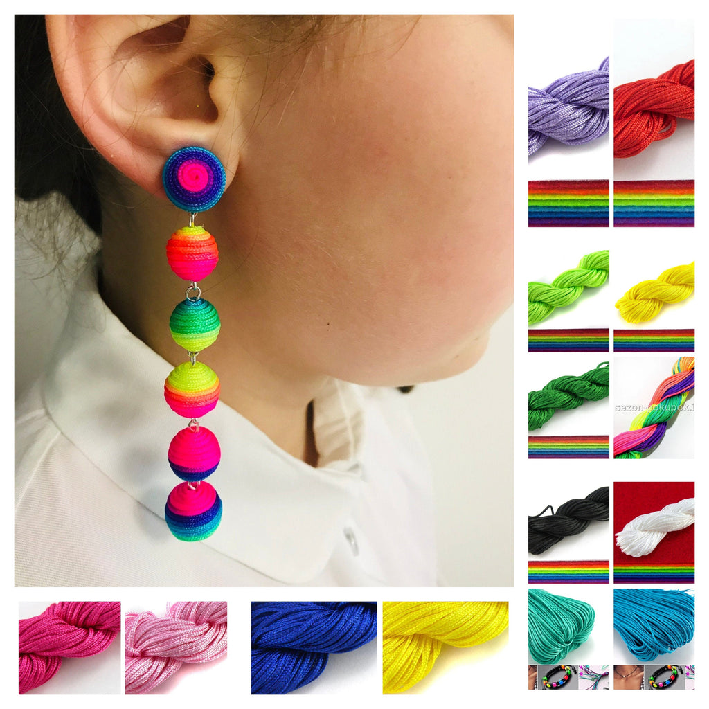 Rainbow earrings. Extra long colorful earrings, 6 ball clip on earrings dangle, Silk drop ball earrings, Statement bon bon earrings