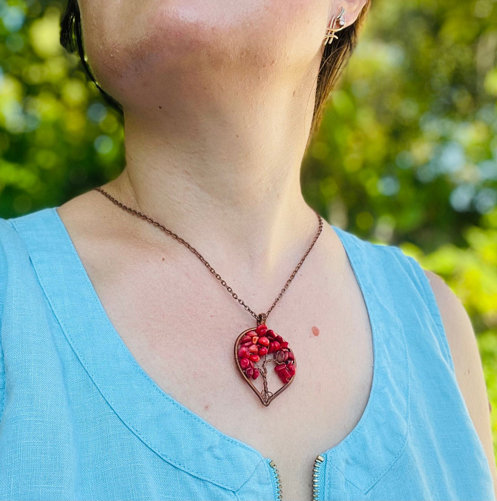 Mothers day family tree necklace, Coral tree of life necklace, Personalized Initial necklace, Copper Wire wrapped jewelry personalized gifts